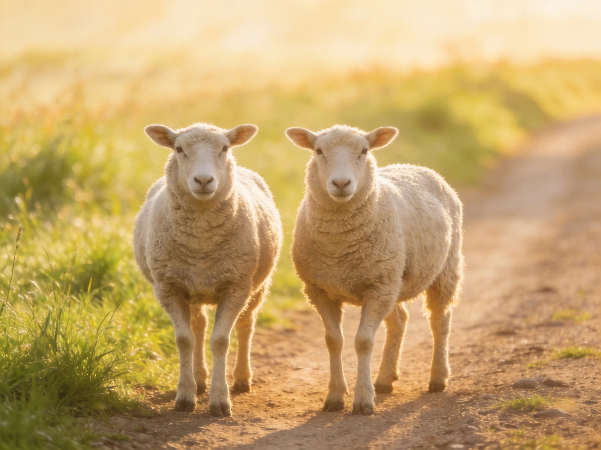 Two woolly sheep stroll down a sunlit dirt path
