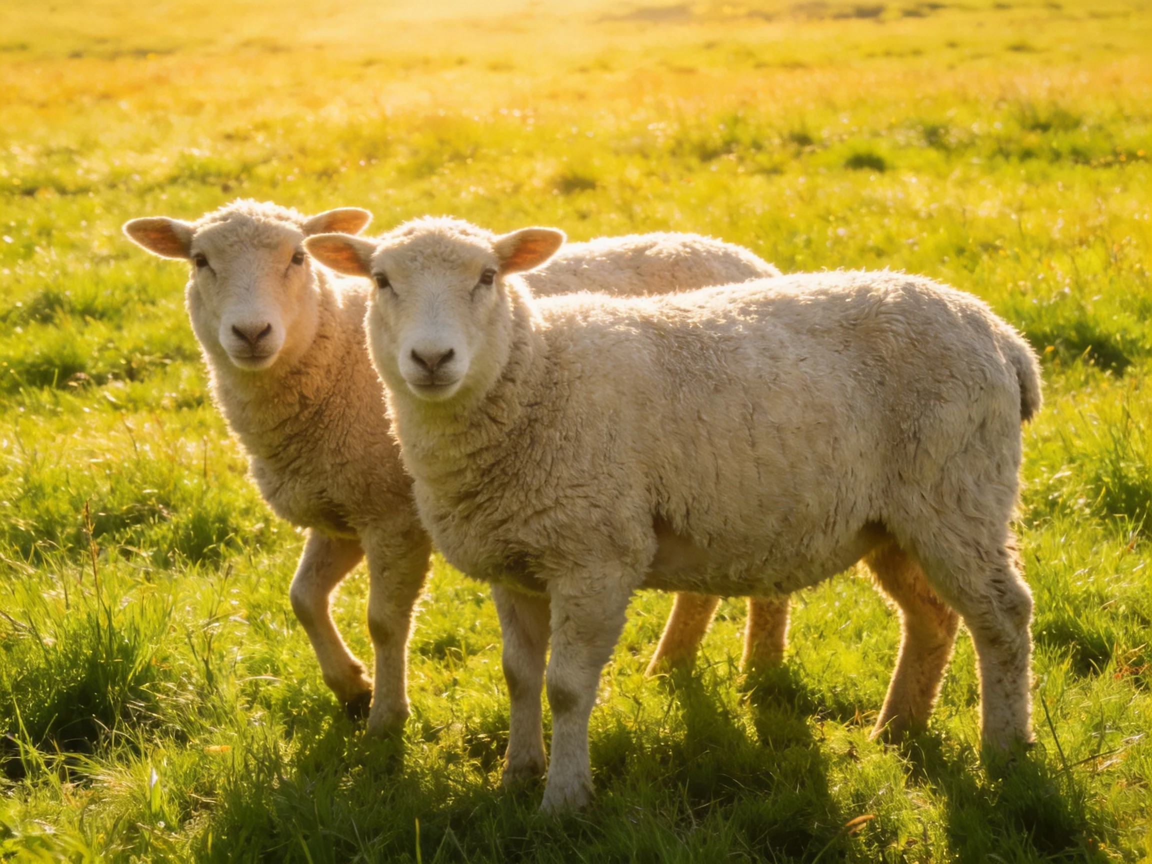 Two woolly white lambs in a sun-drenched green meadow