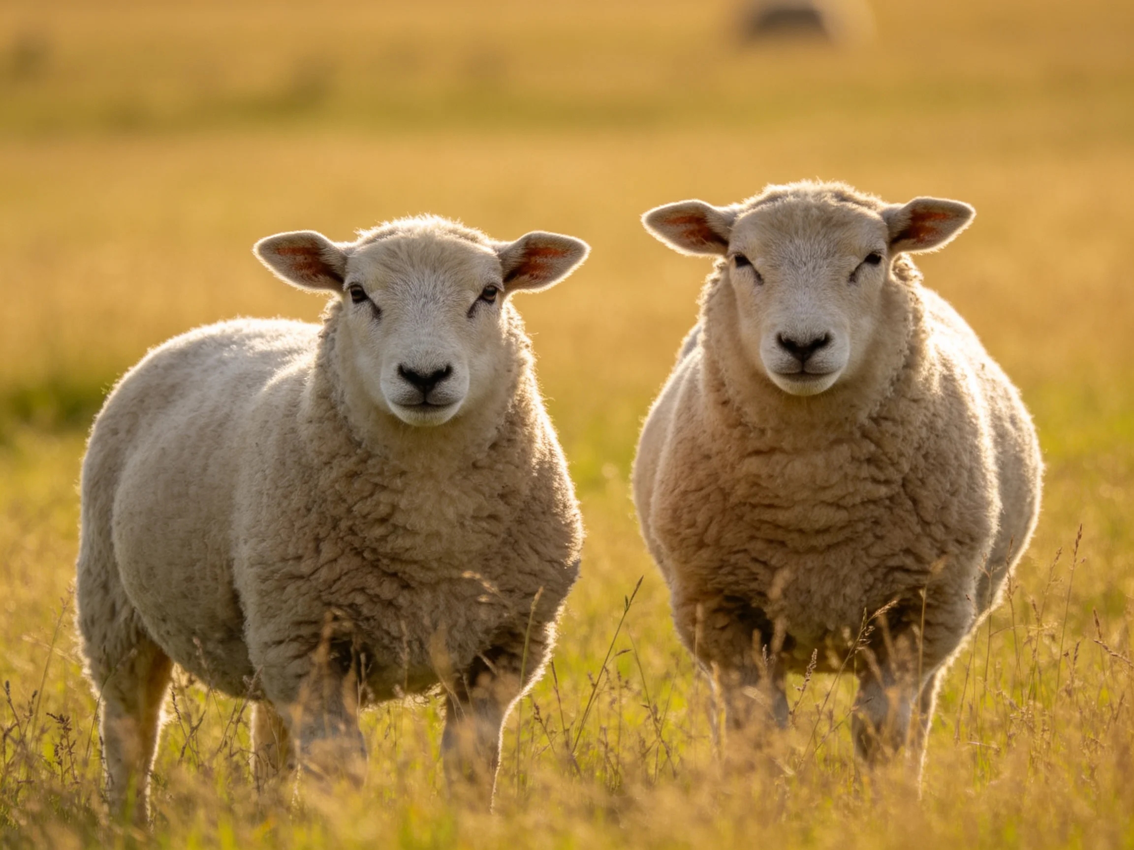 Two woolly white lambs stand in a sunlit golden field