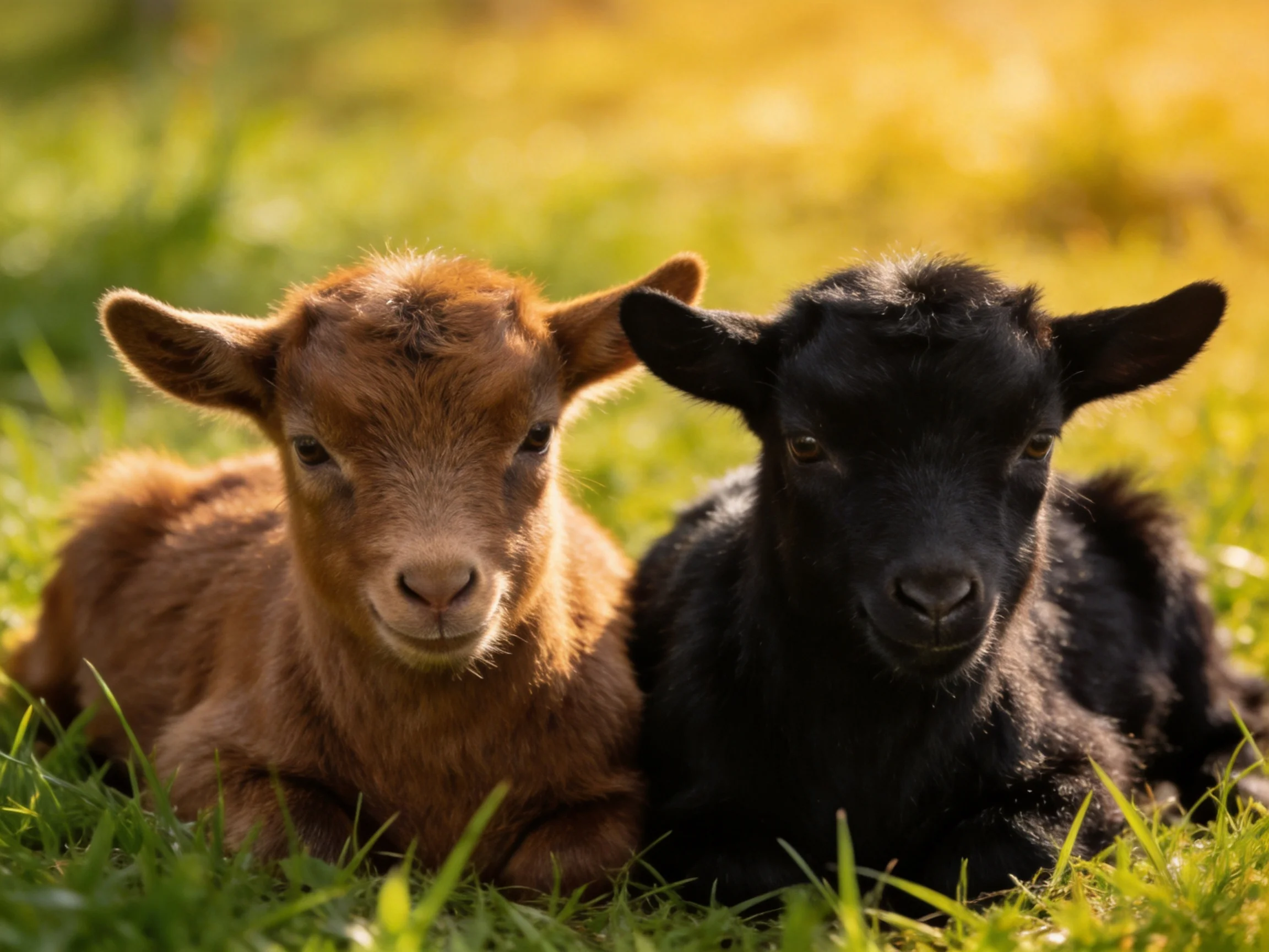 Two young goats, brown and black, rest side by side in a sunlit meadow.