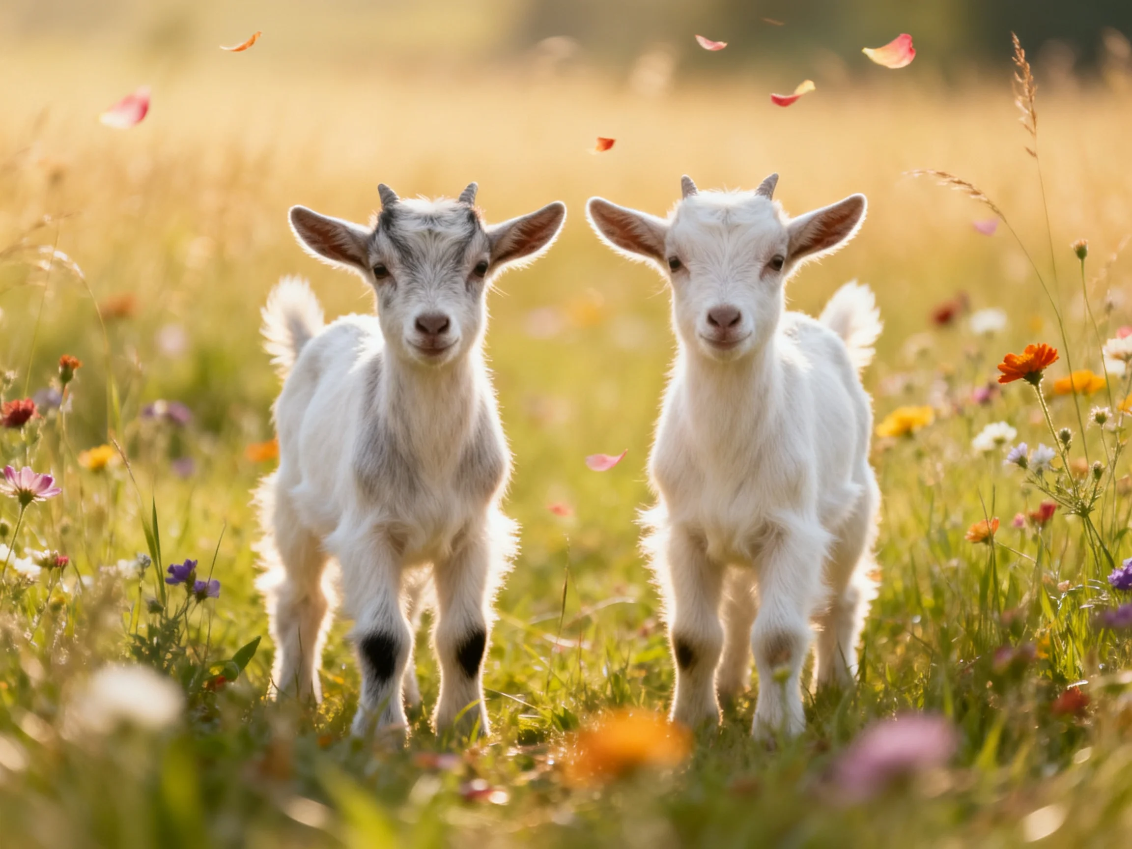 Two young goats in a vibrant flower meadow with falling petals