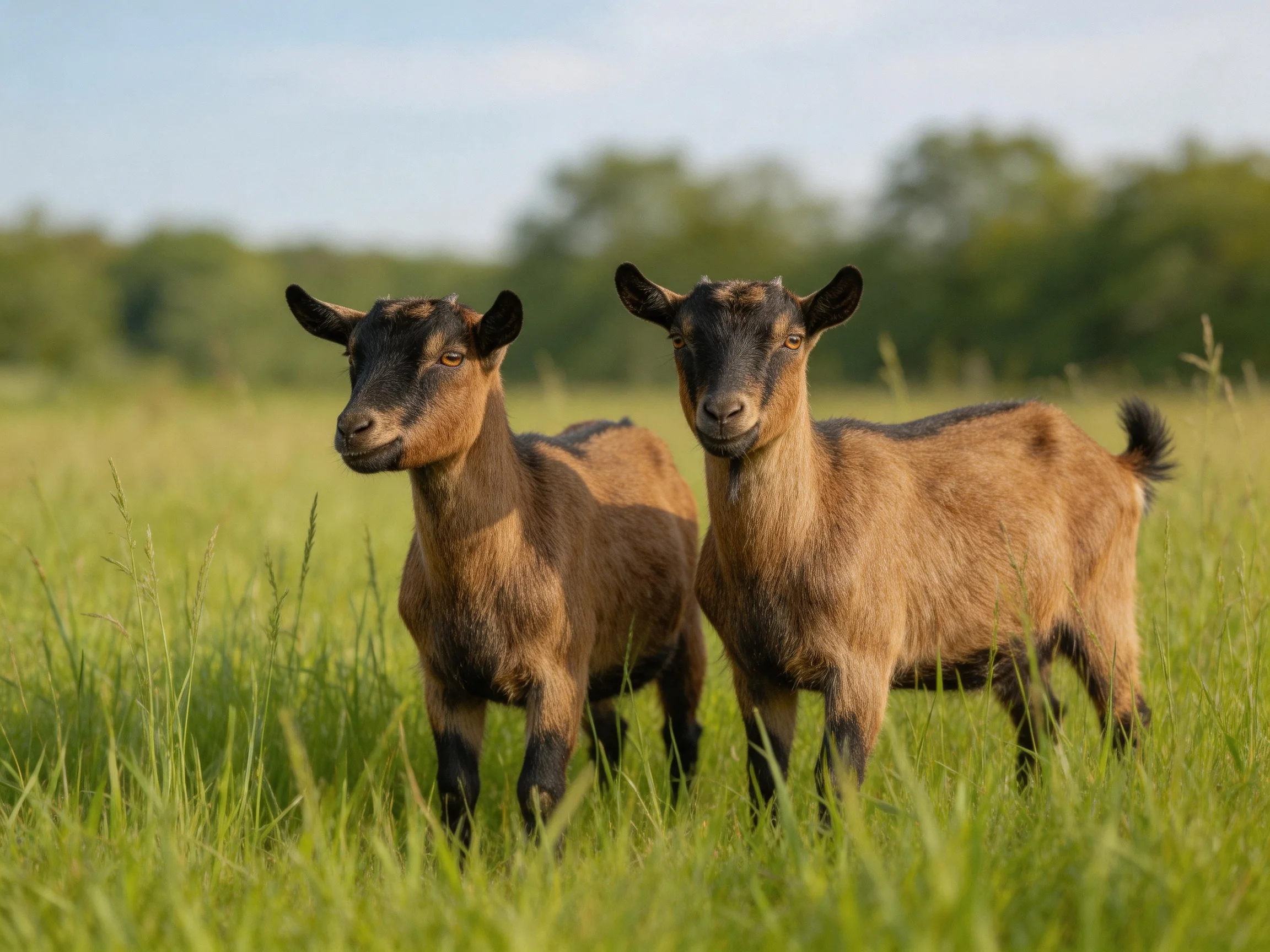 Two young goats stand in a lush green meadow with earthy-toned coats