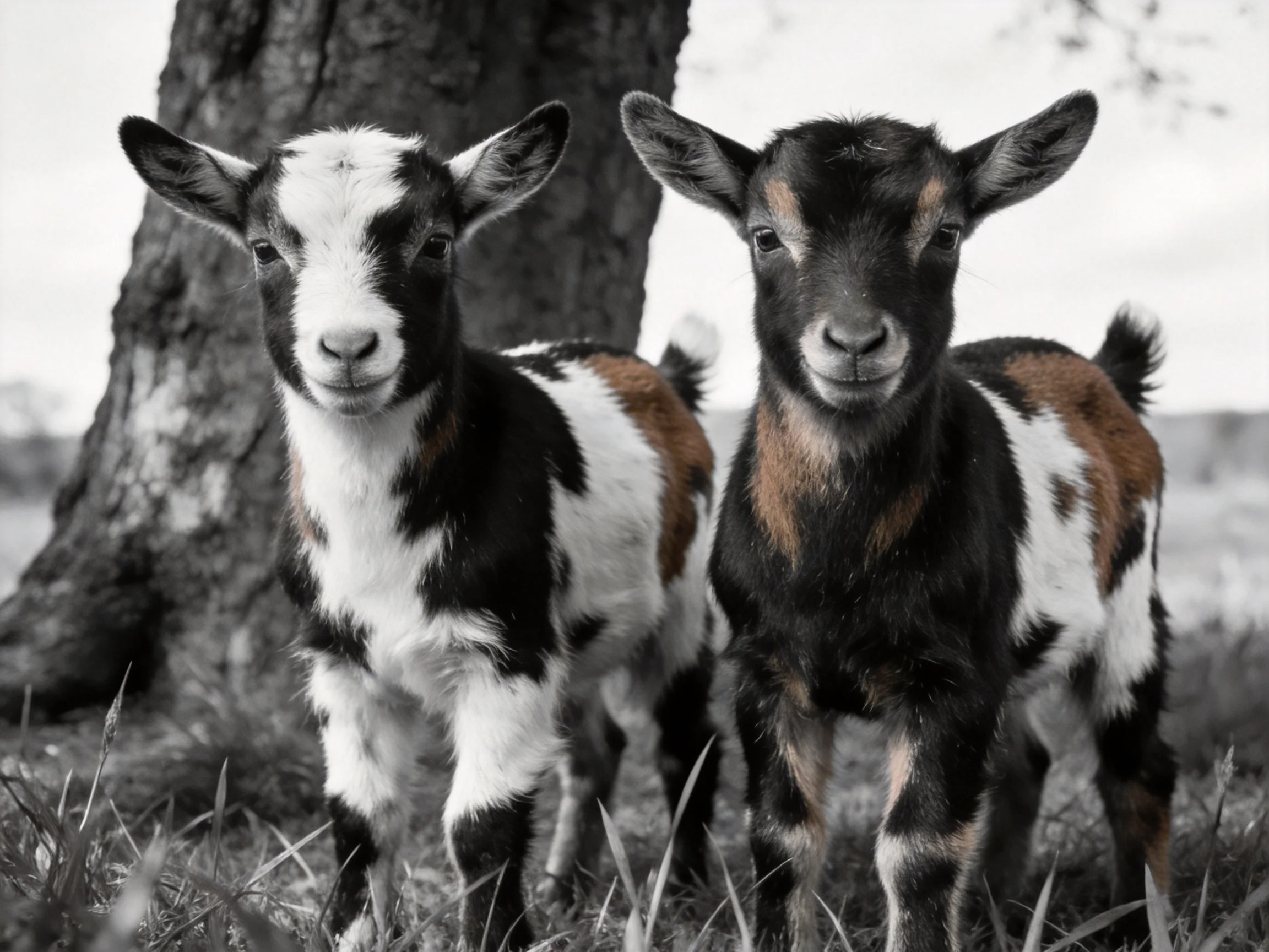 Two young goats with black, white, and brown coats near a large tree