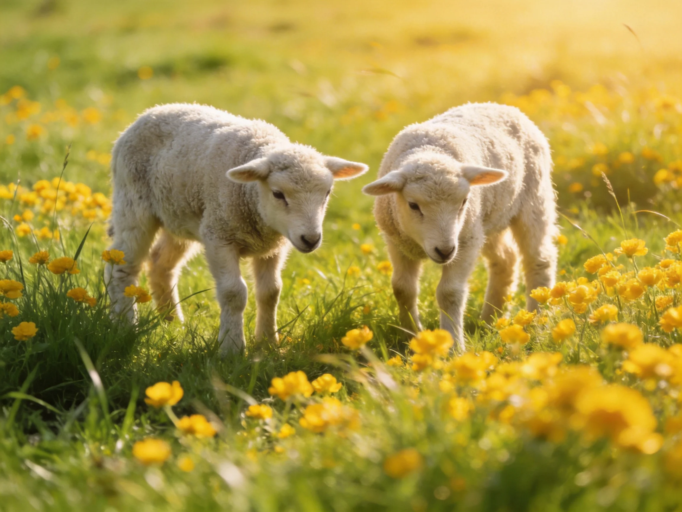 Two young lambs explore a sunlit meadow of yellow wildflowers