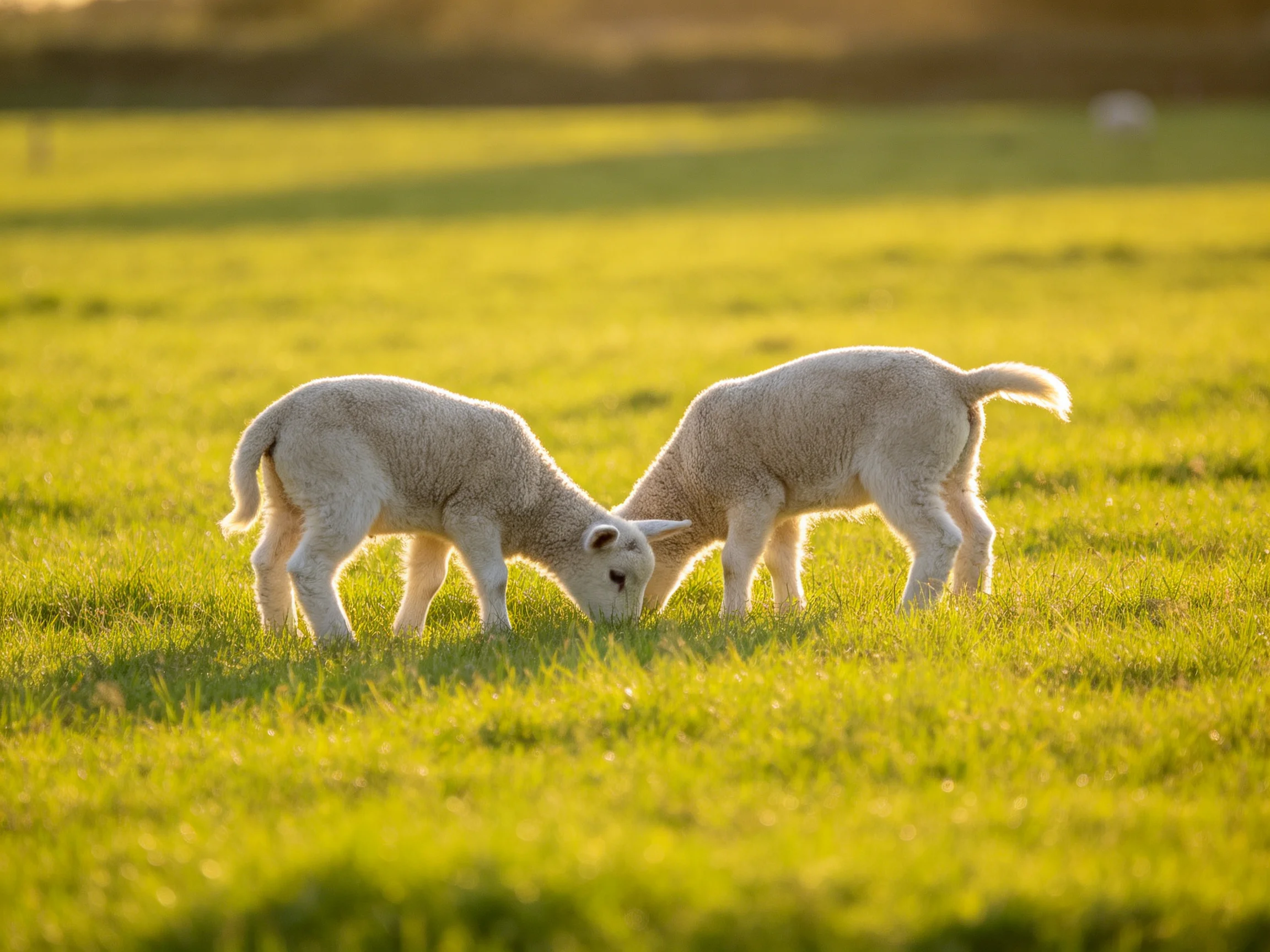 Two young lambs graze in a sunlit green pasture