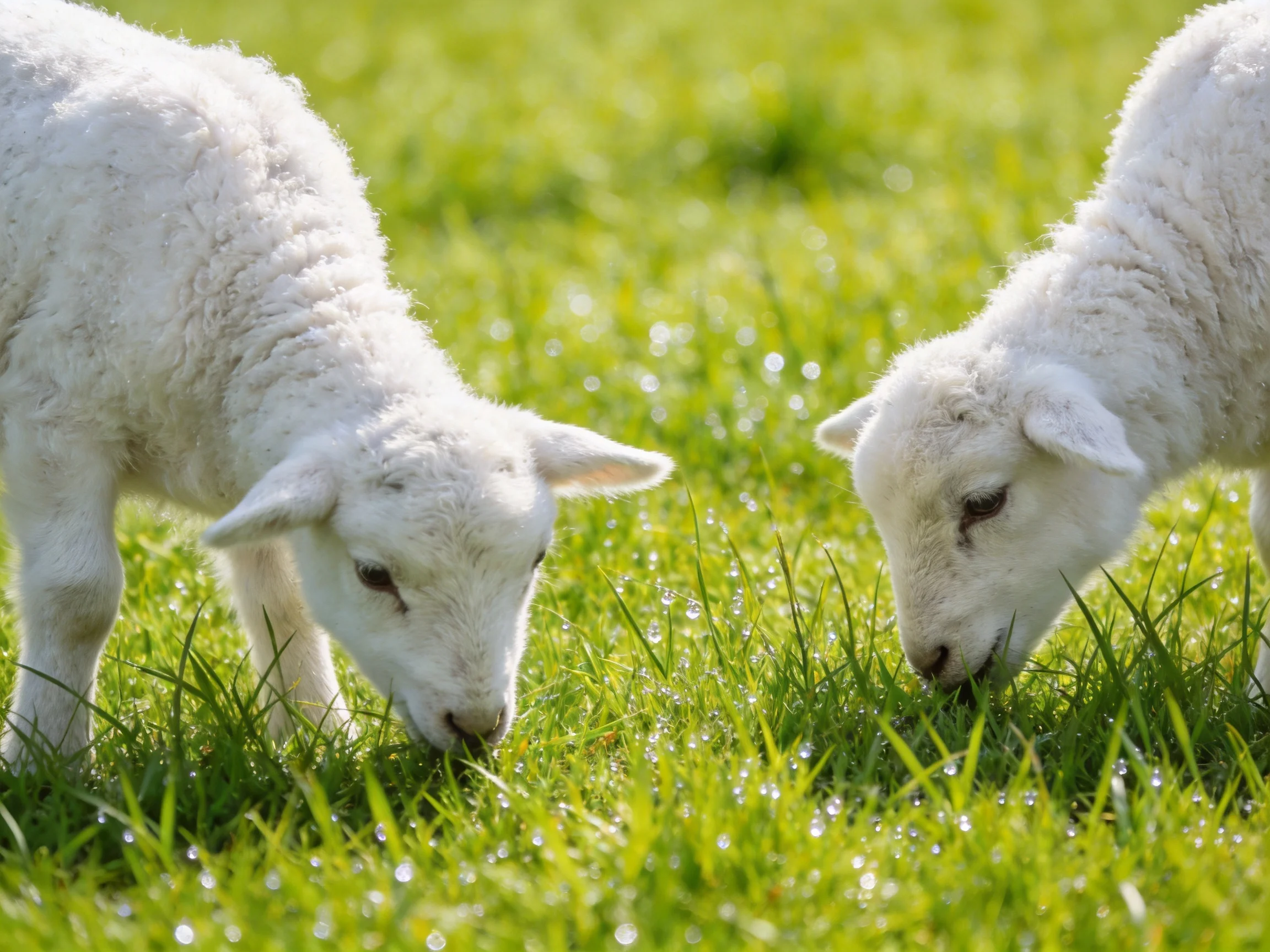 Two young lambs graze in dewy green pasture
