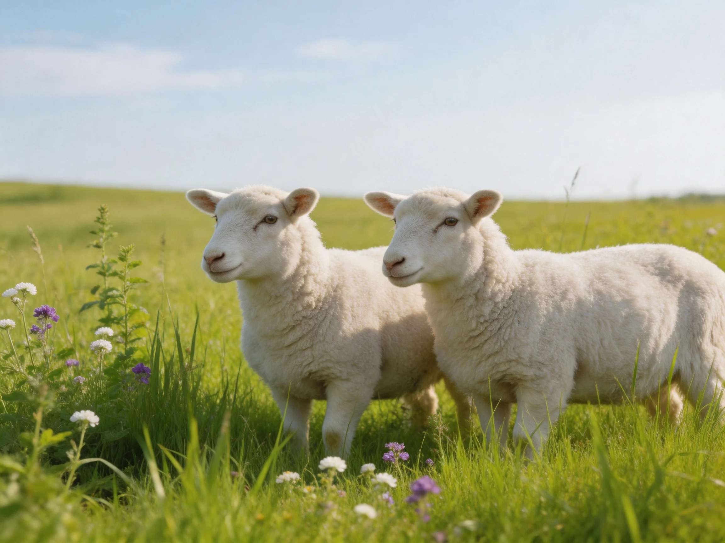 Two young lambs in a lush green meadow with wildflowers