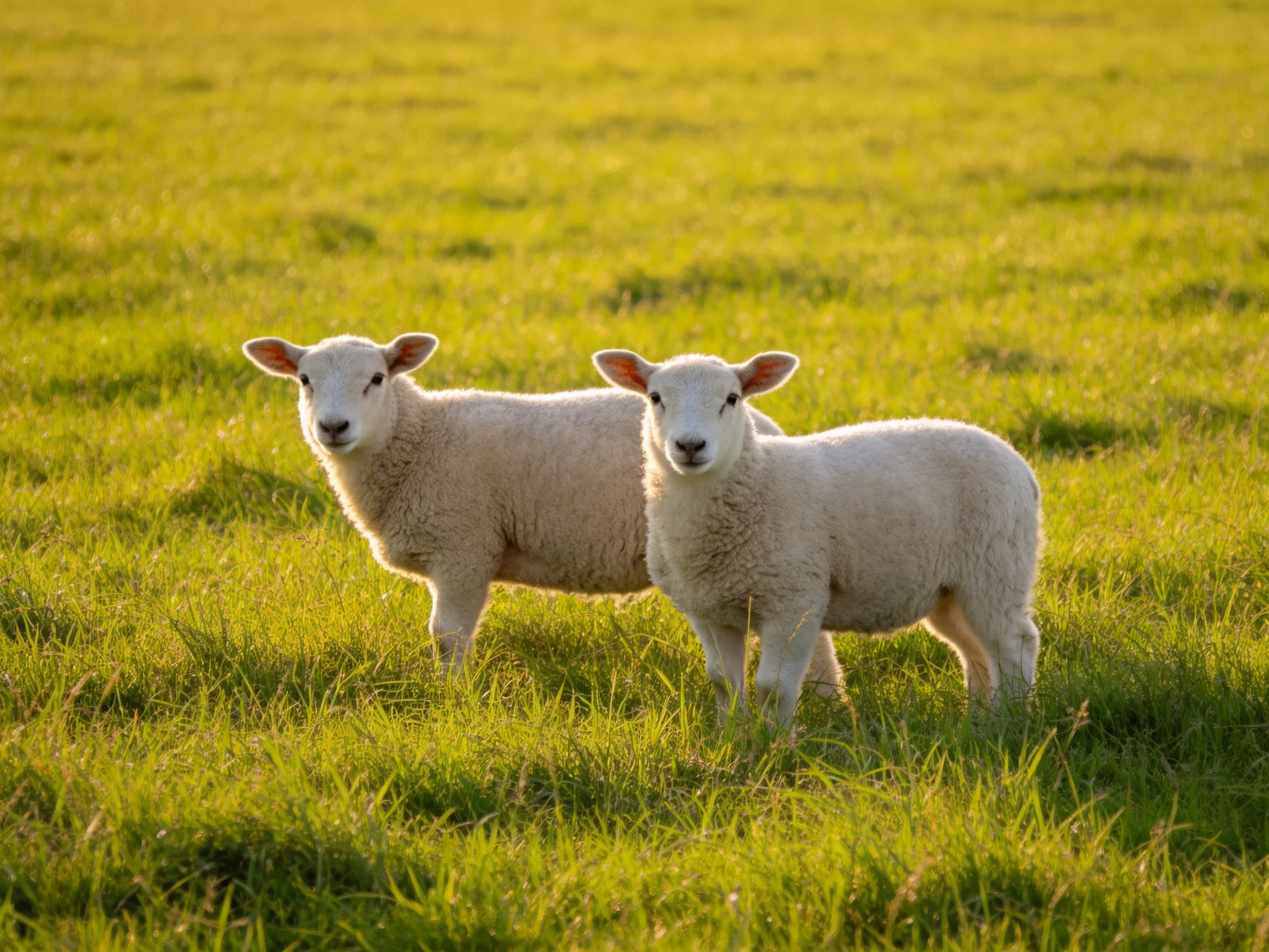 Two young lambs in a sunlit green meadow