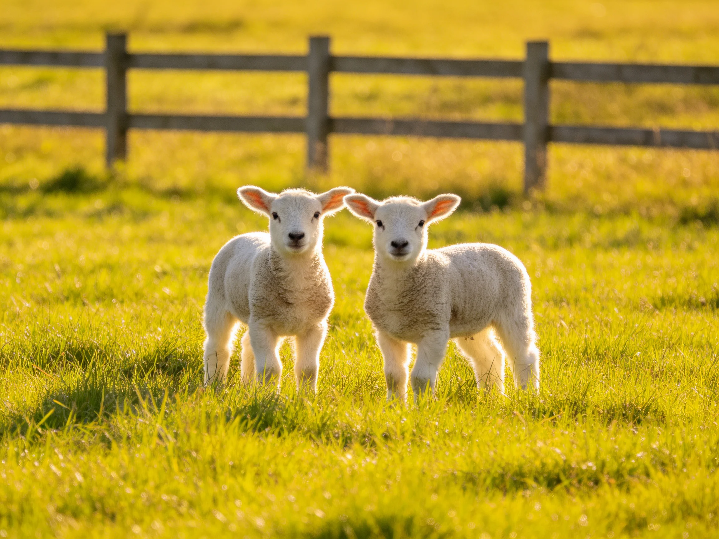 Two young lambs in a sunlit green pasture with a wooden fence