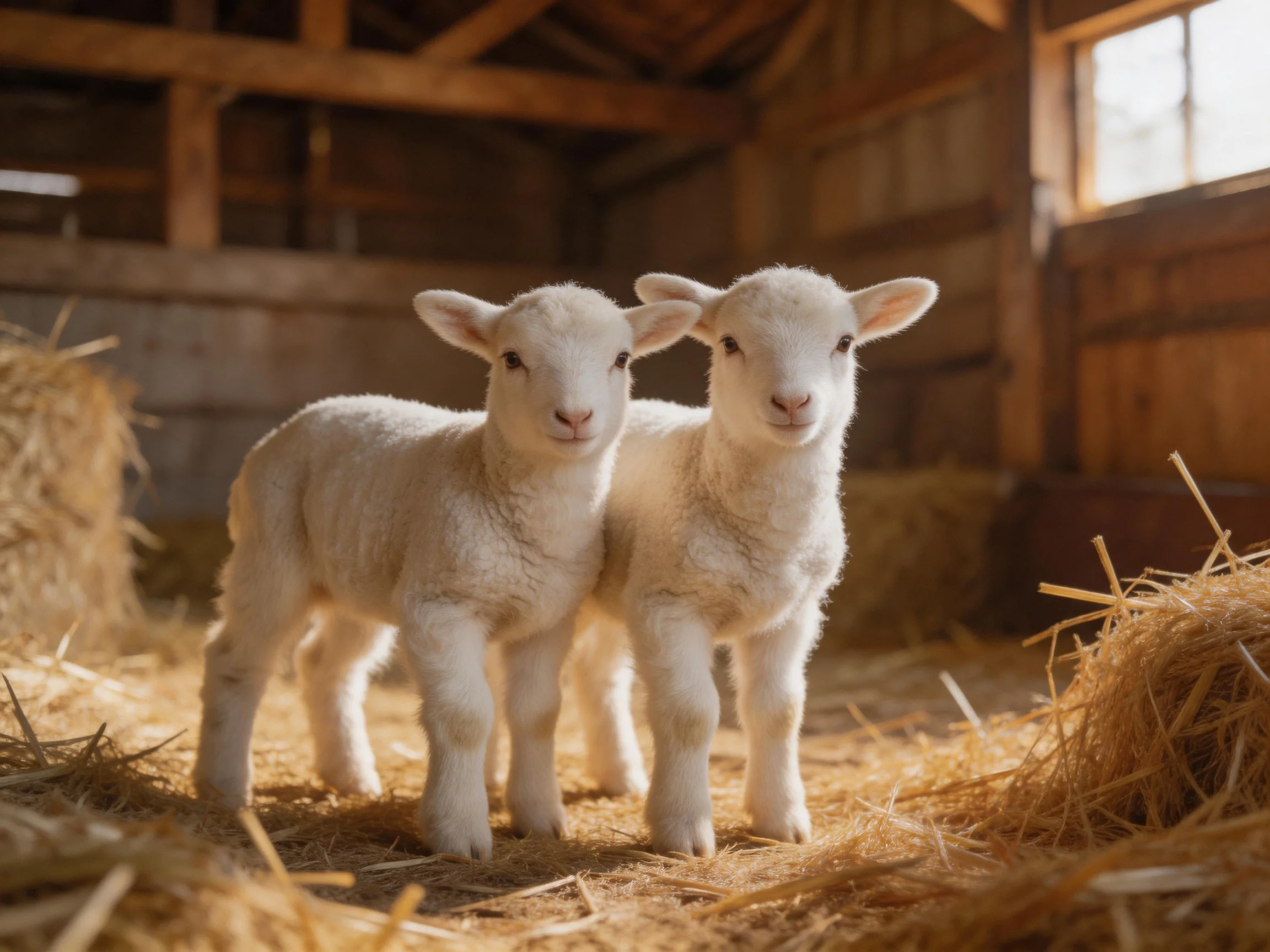 Two young lambs in a wooden barn with straw