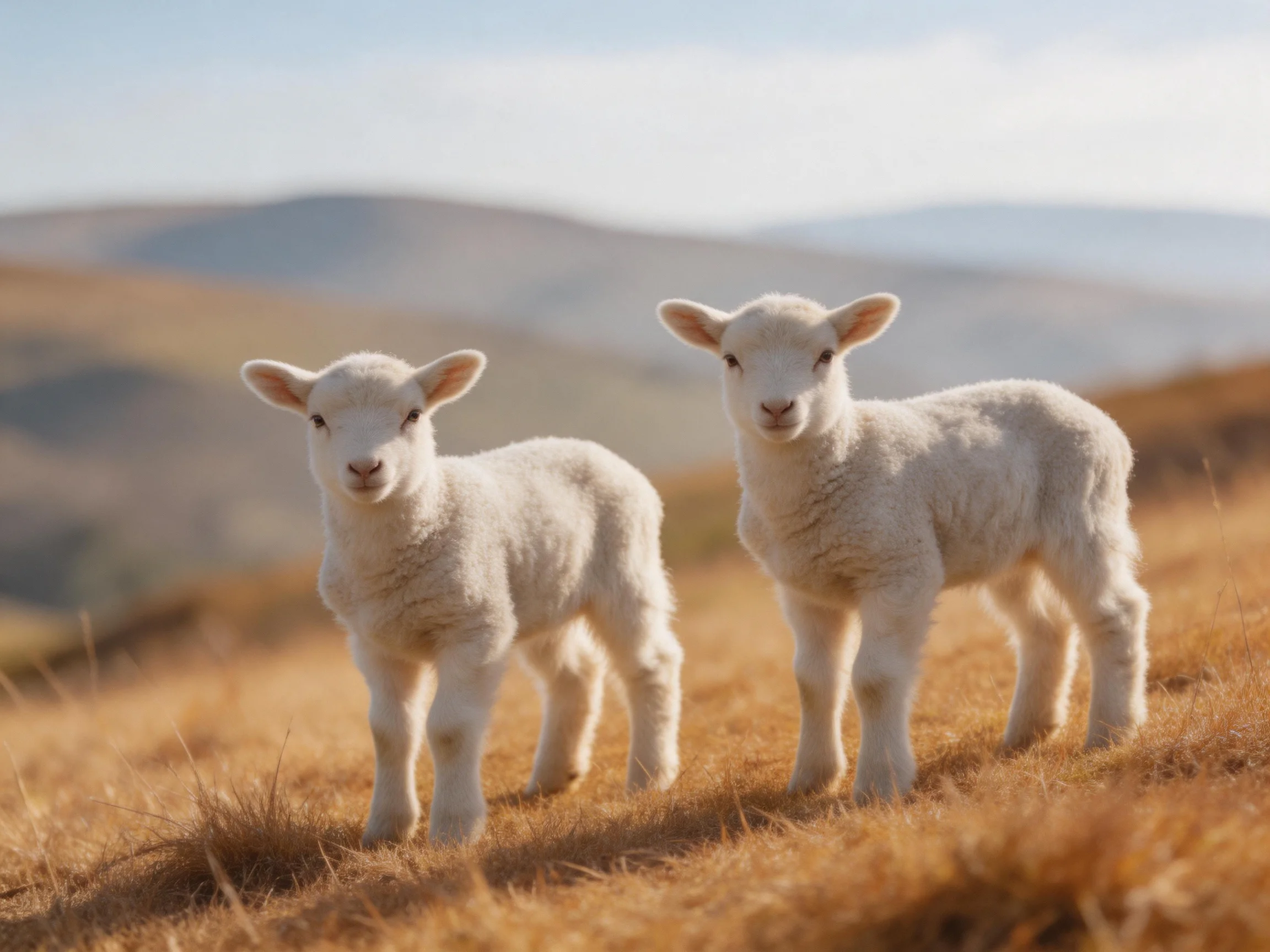 Two young lambs on a golden hillside