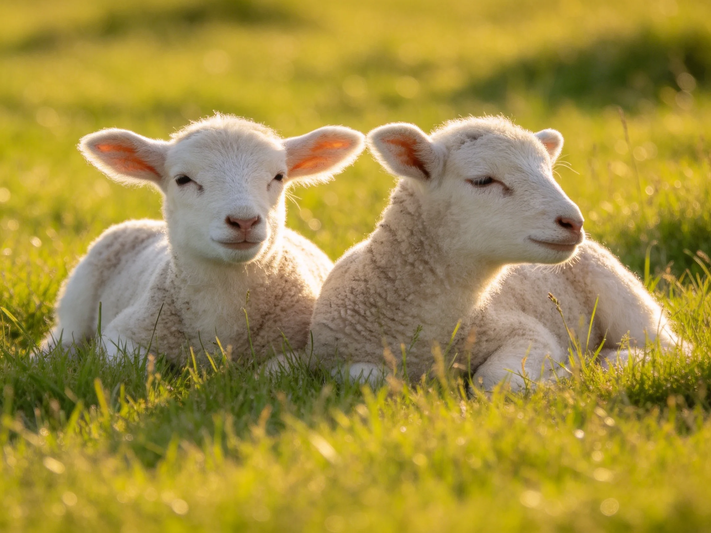 Two young lambs rest in sunlit green meadow