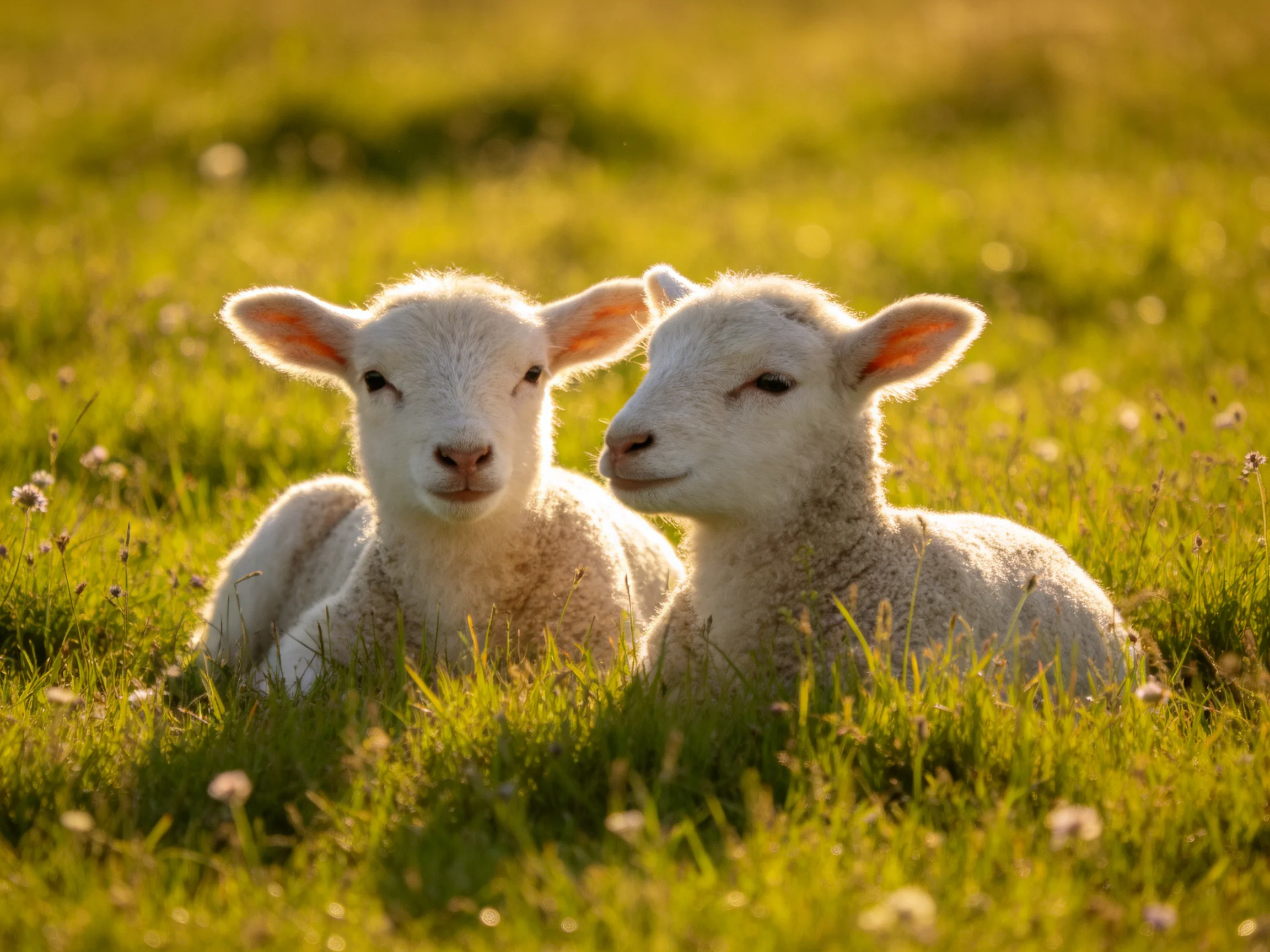 Two young lambs rest in sunlit green pasture