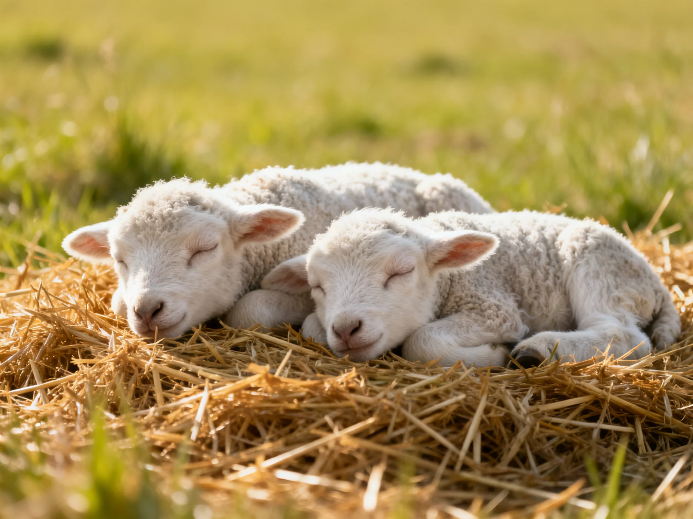 Two young lambs resting on golden straw in a sunlit field