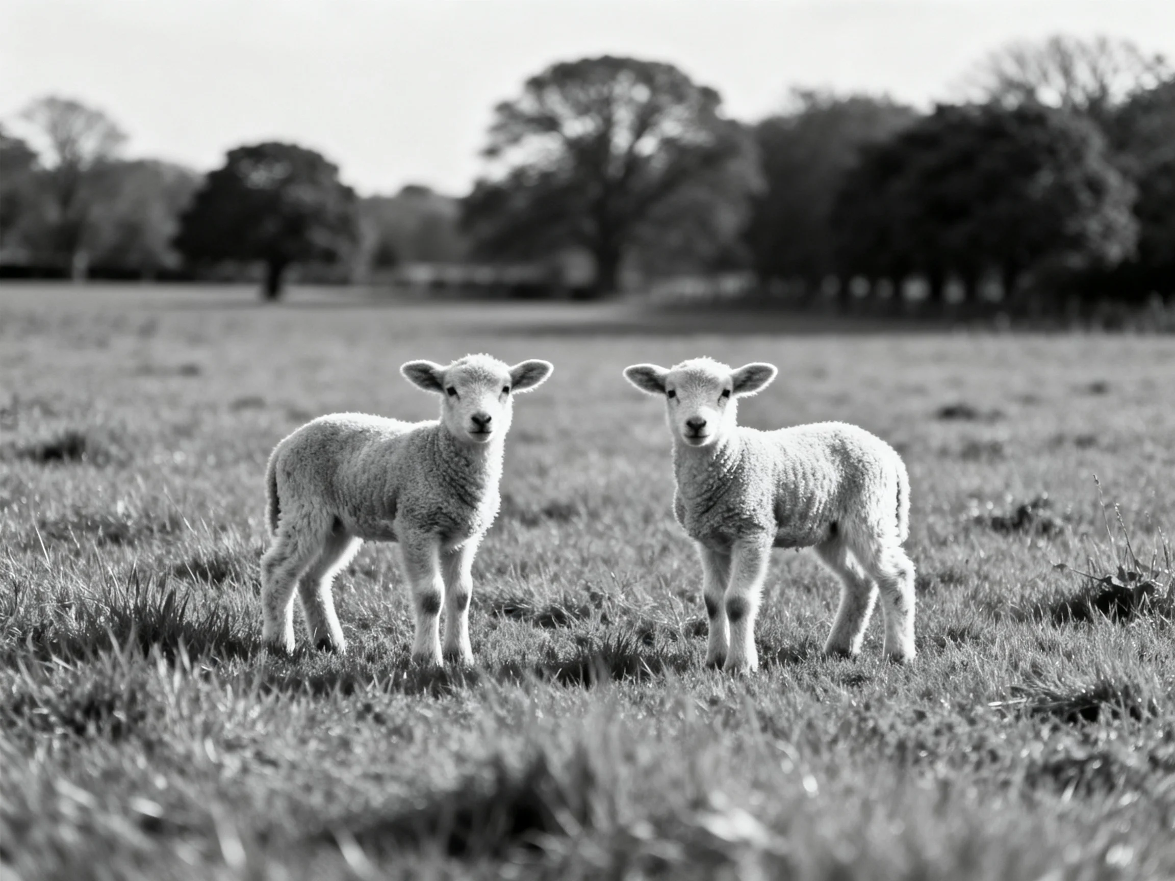 Two young lambs stand in a grassy field near distant trees