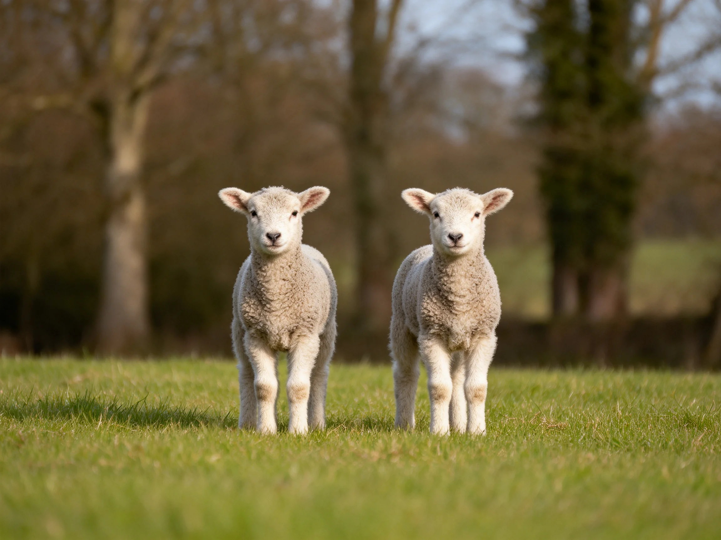 Two young lambs stand on a lush green meadow near trees
