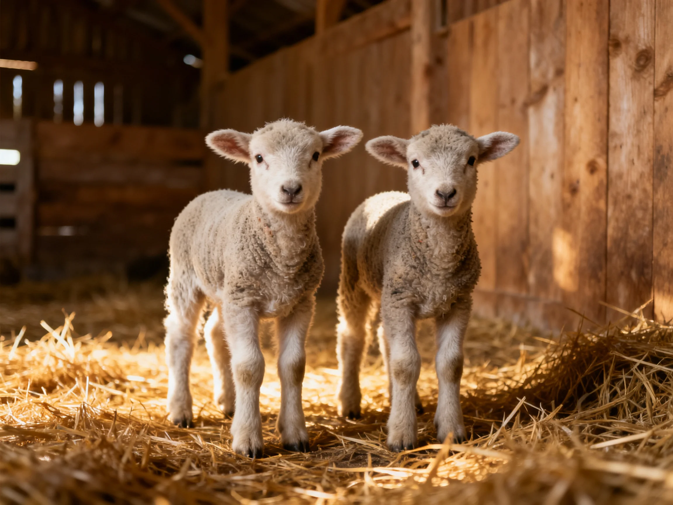 Two young lambs stand on golden straw in a wooden barn.