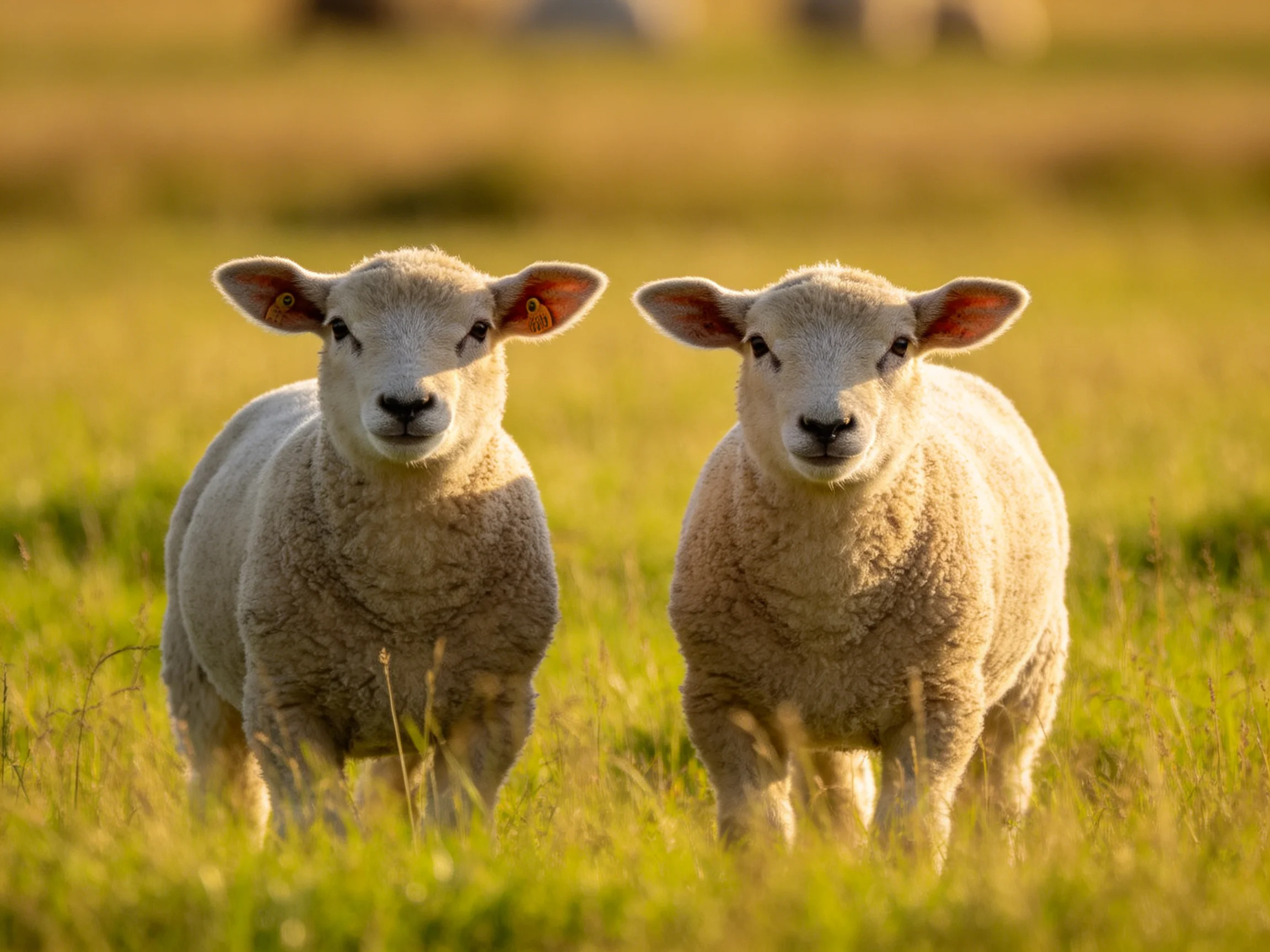 Two young lambs with soft wool in a sunlit green meadow