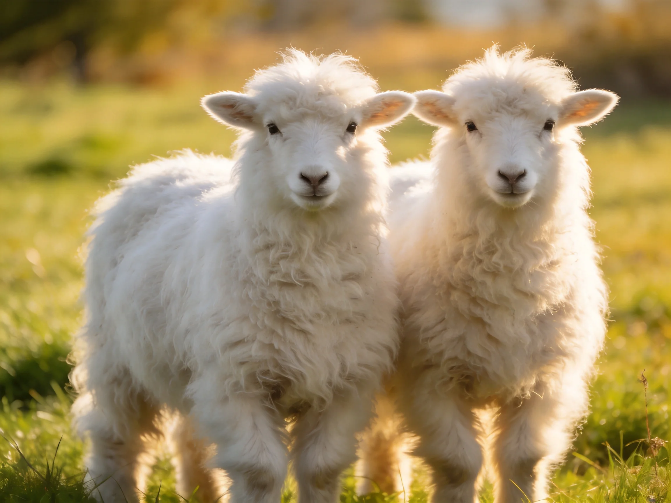 Two young lambs with thick white wool in a sunlit meadow