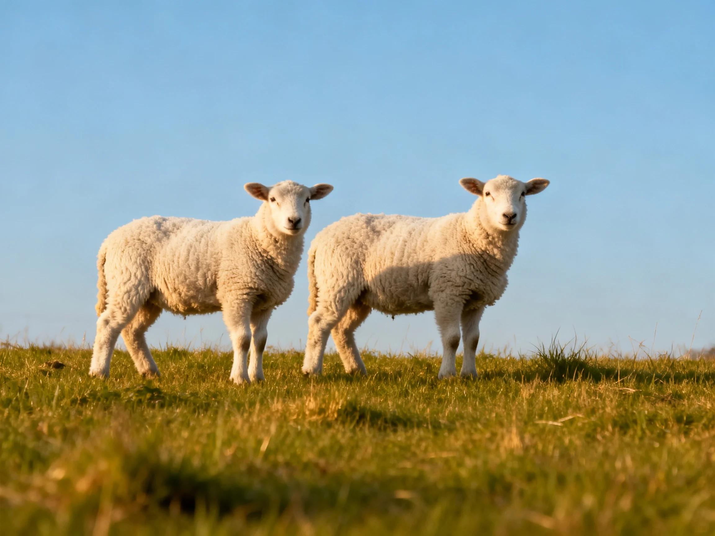 Two young lambs with white wool stand on a grassy hill under clear blue sky