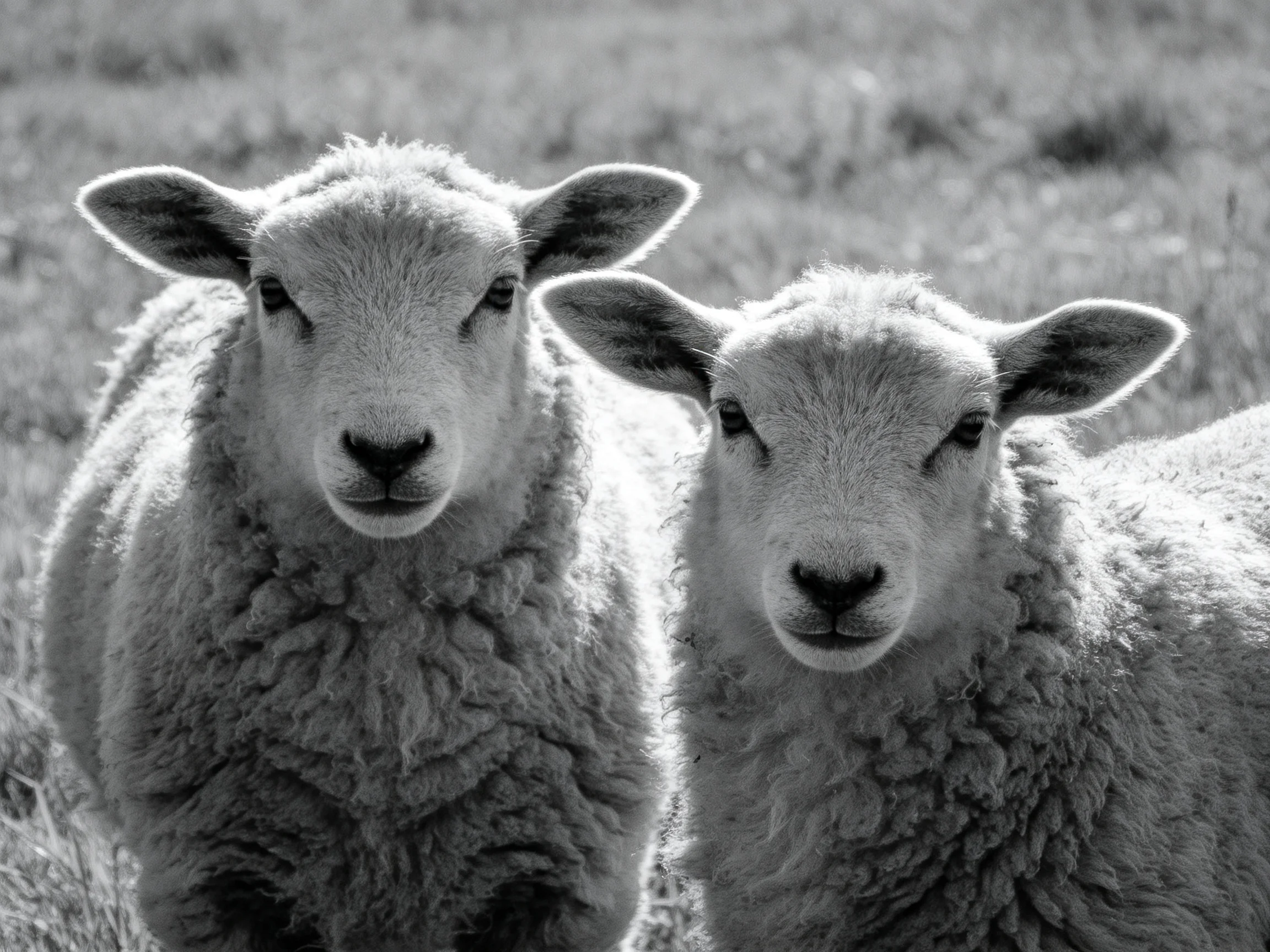 Two young lambs with woolly coats standing close in a grassy field