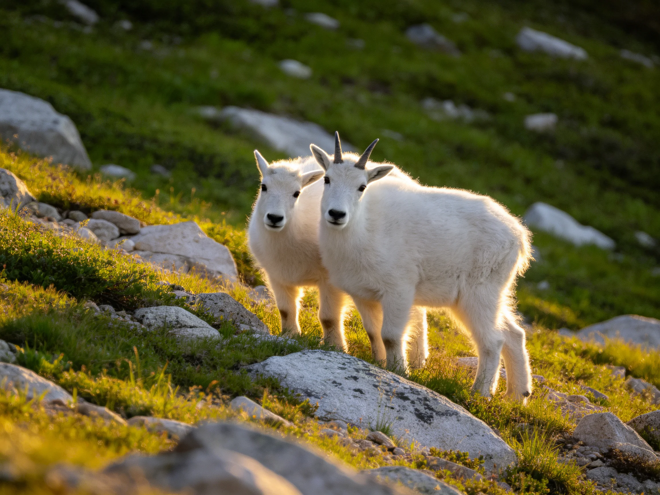 Two young mountain goats on a rocky green hillside