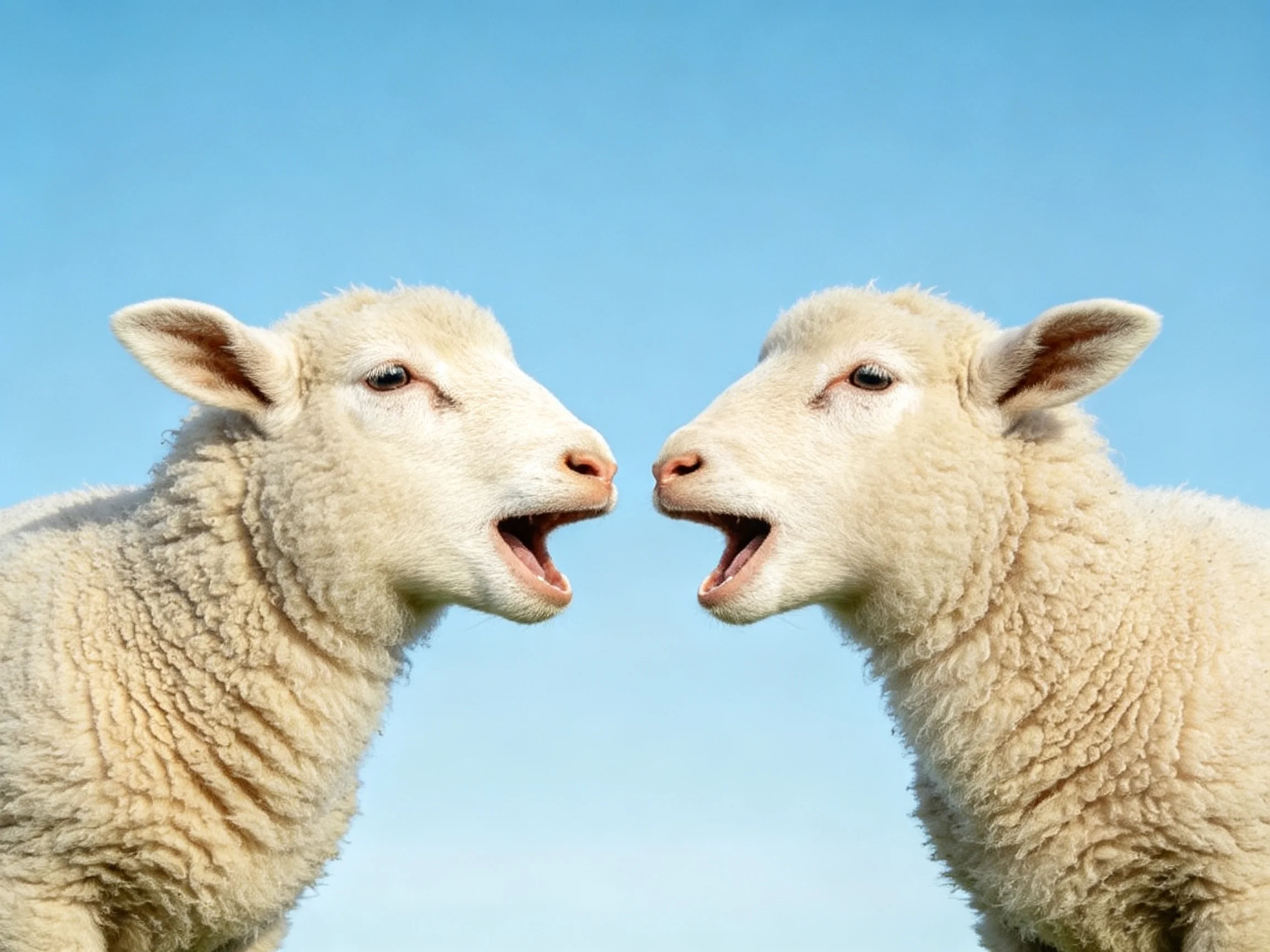 Two young sheep face each other against a clear blue sky