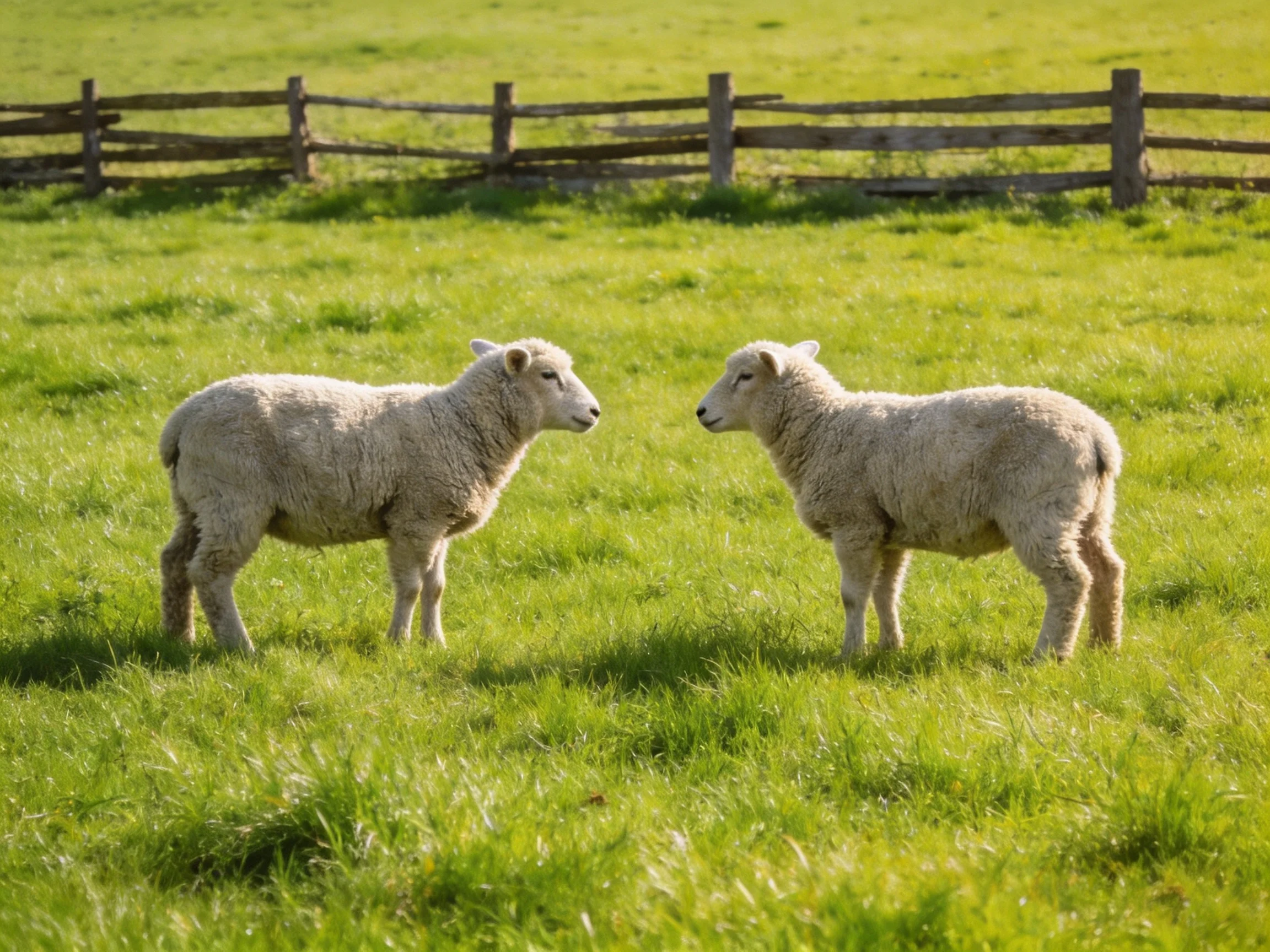 Two young sheep face each other in a bright green pasture with a wooden fence