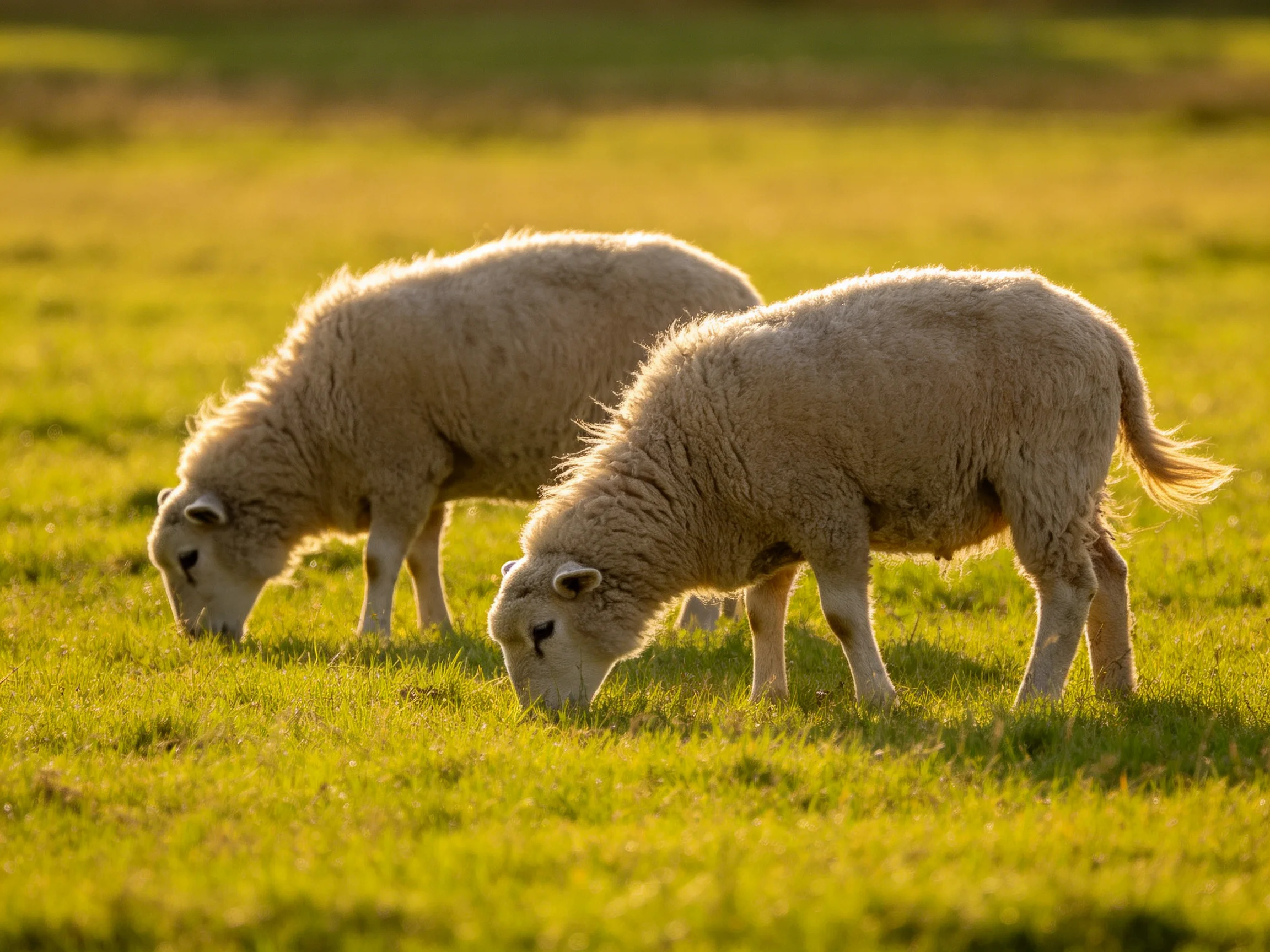 Two young sheep graze in a sunlit green pasture