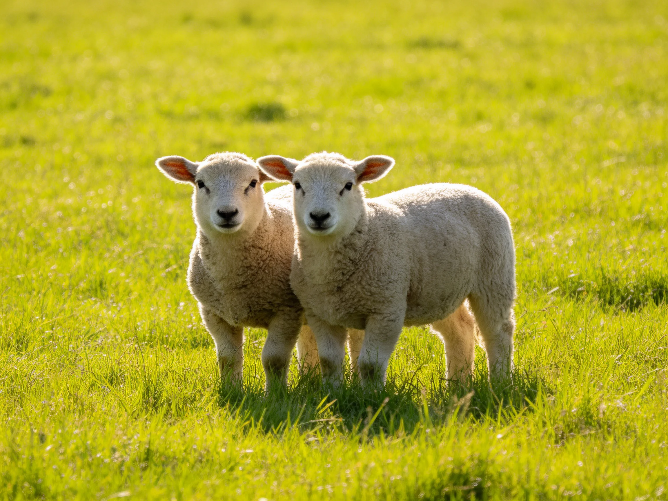 Two young sheep stand together in a sunlit green field.