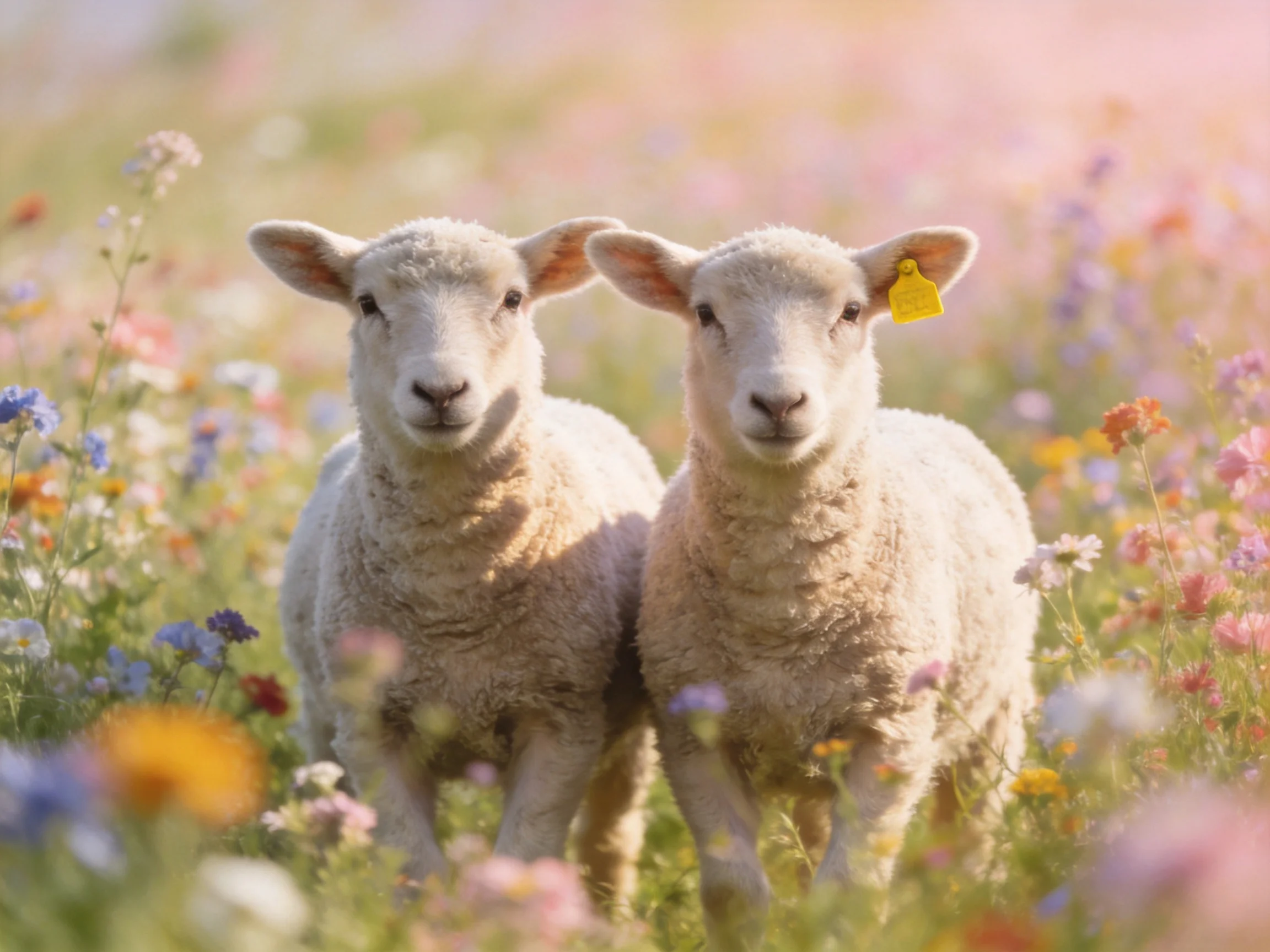 Two young sheep in a vibrant flower-filled meadow