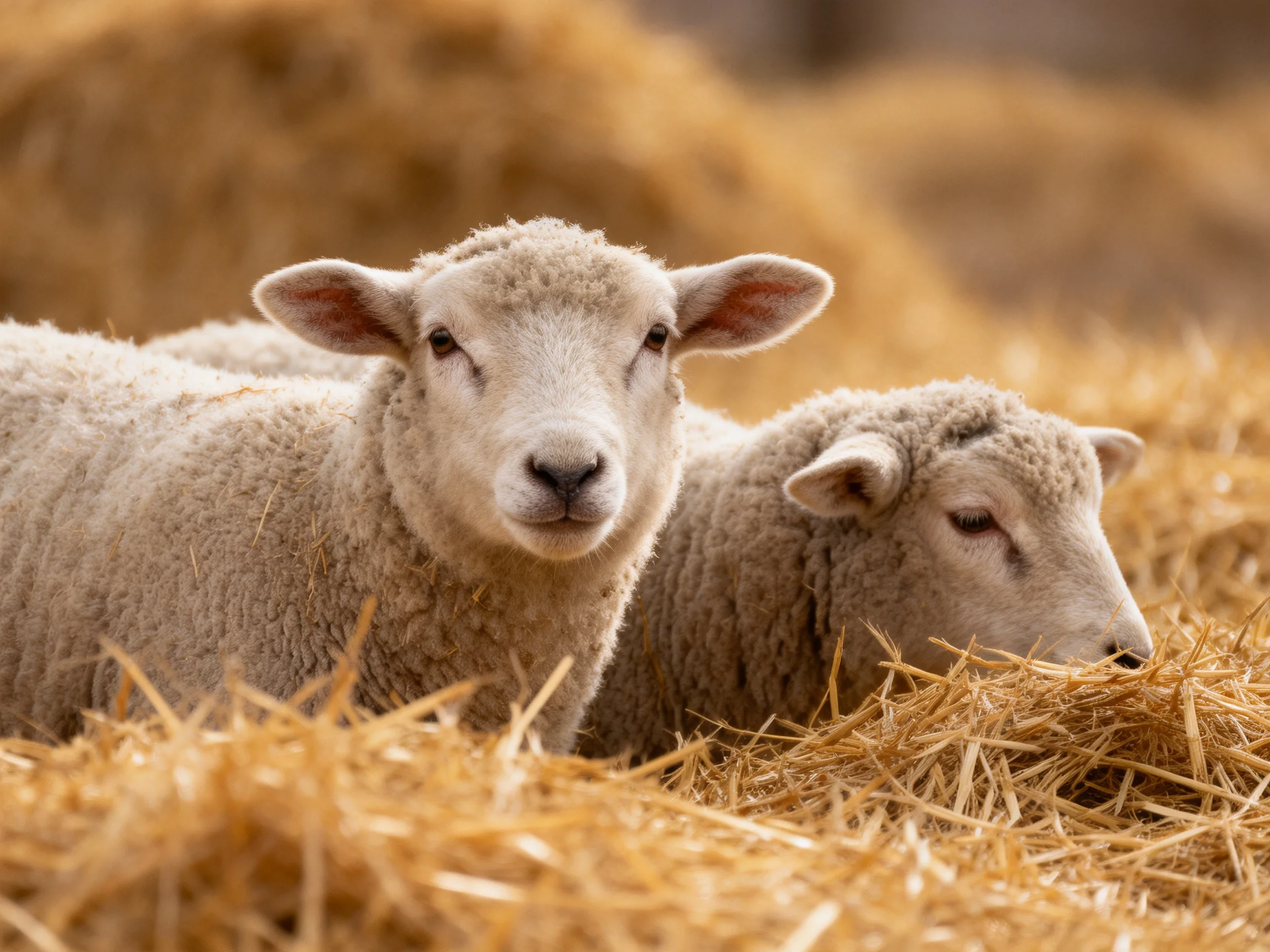 Two young sheep resting in golden straw piles