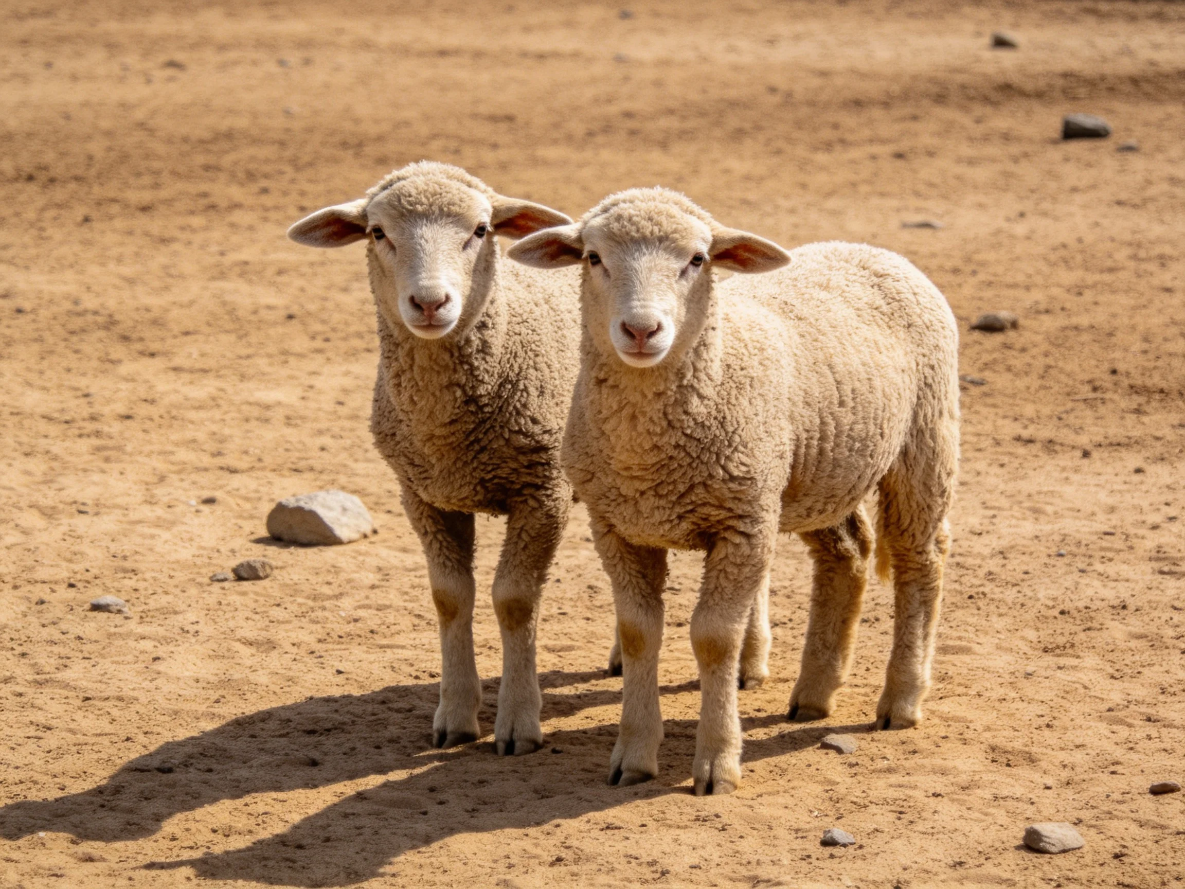 Two young sheep stand on a sun-drenched sandy terrain
