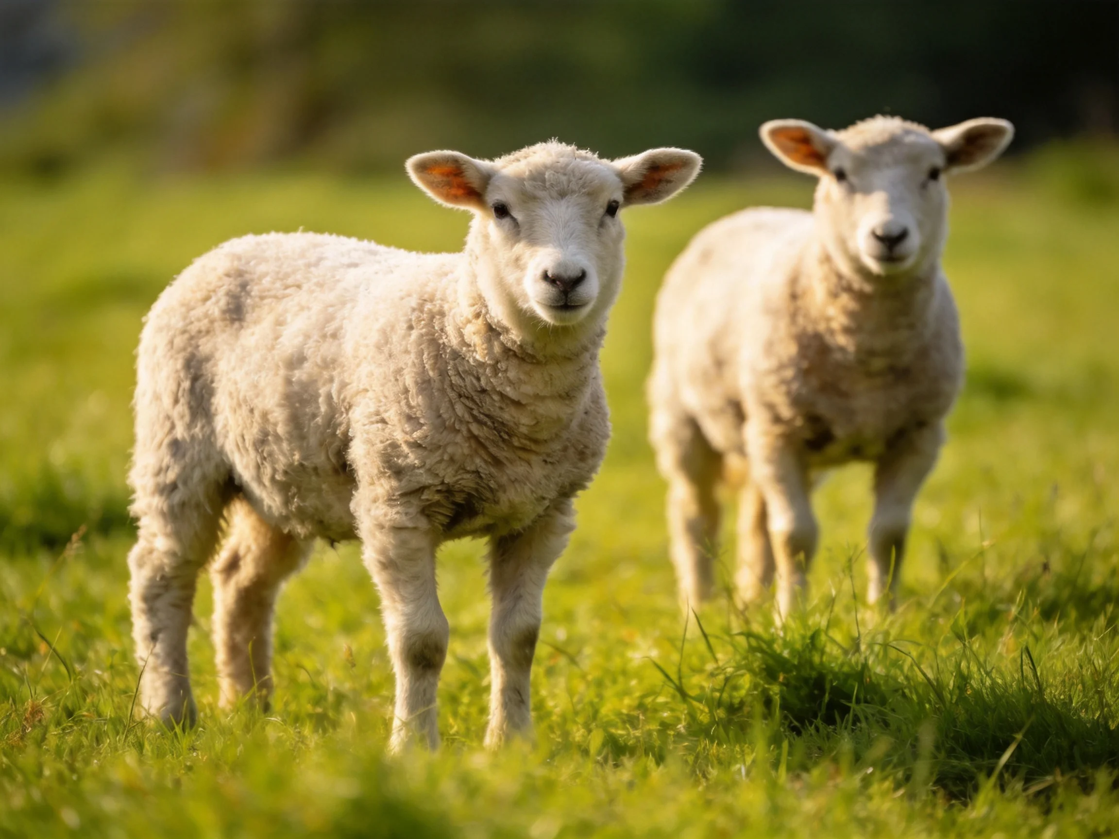 Two young sheep standing in a lush green meadow