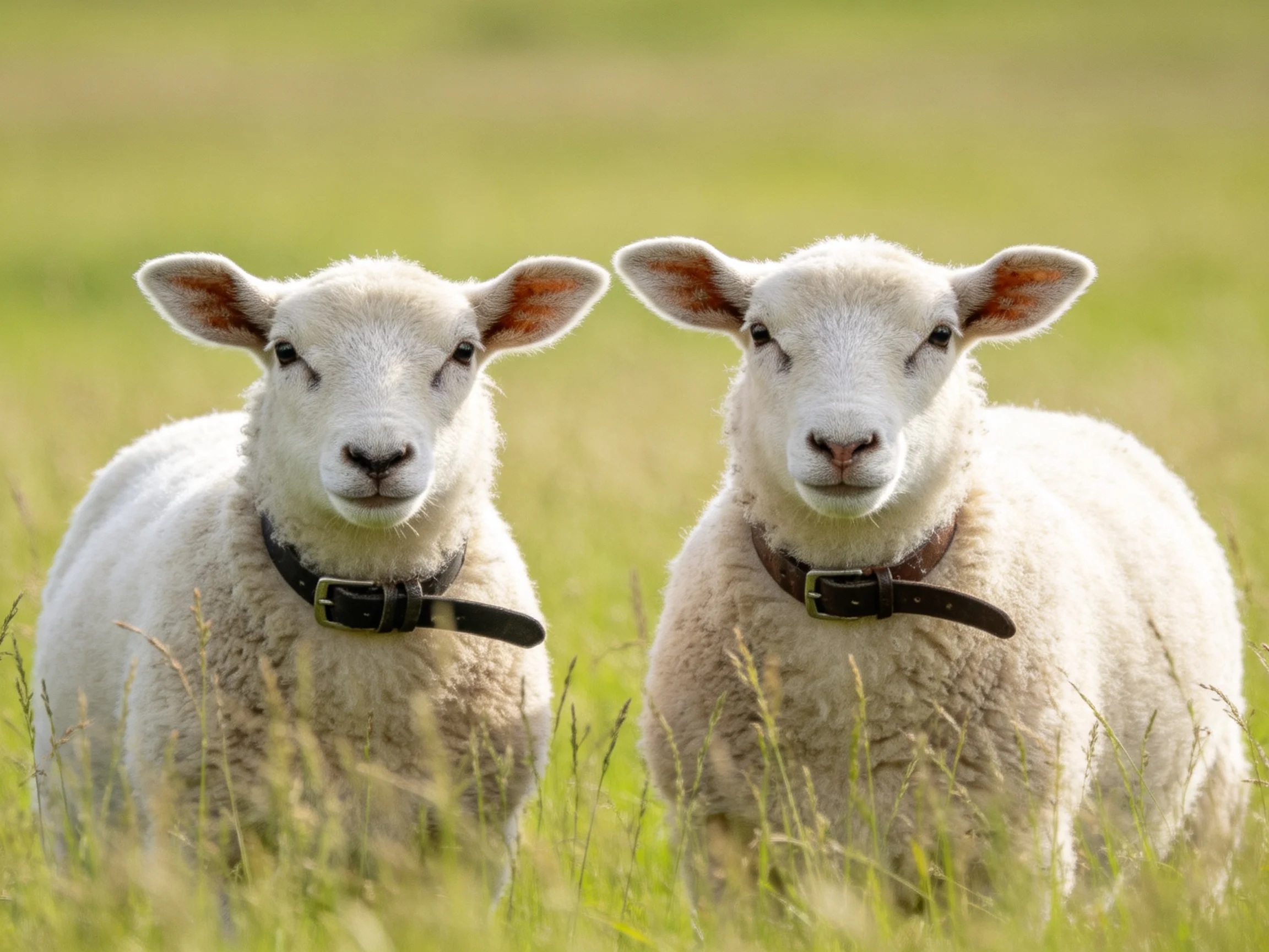 Two young sheep with collars in a green meadow