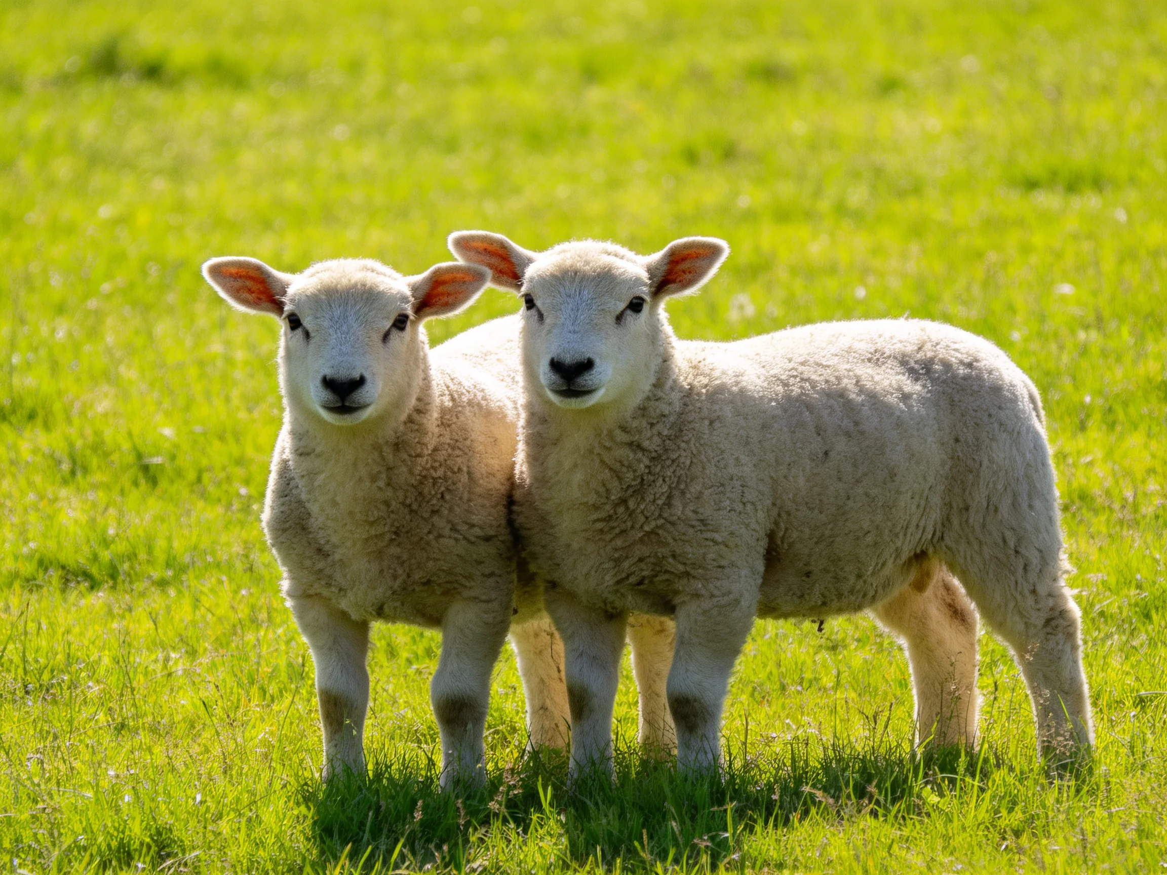 Two young sheep with soft white coats in a sunlit green meadow