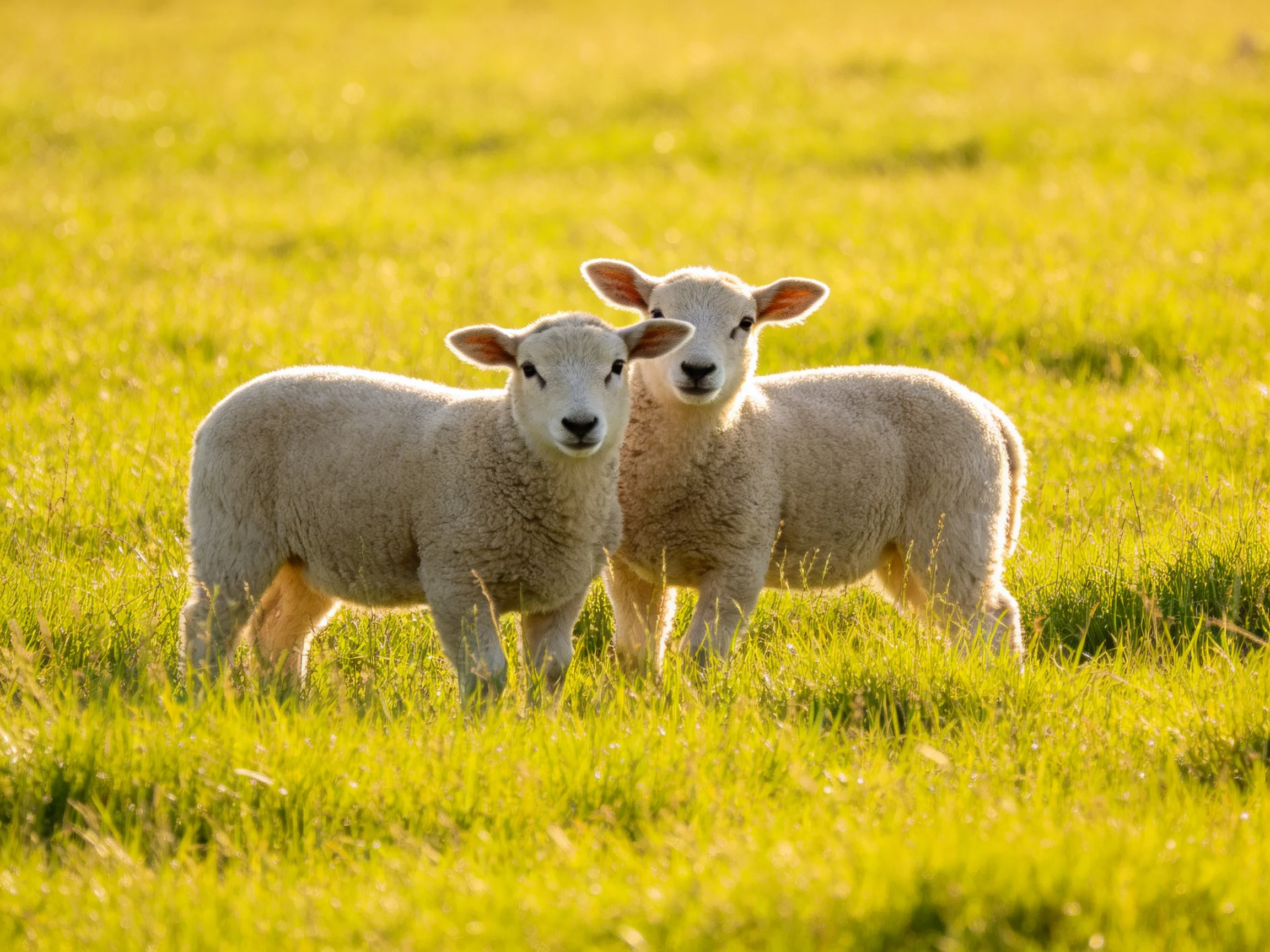 Two young sheep with soft white coats in a sunlit green meadow