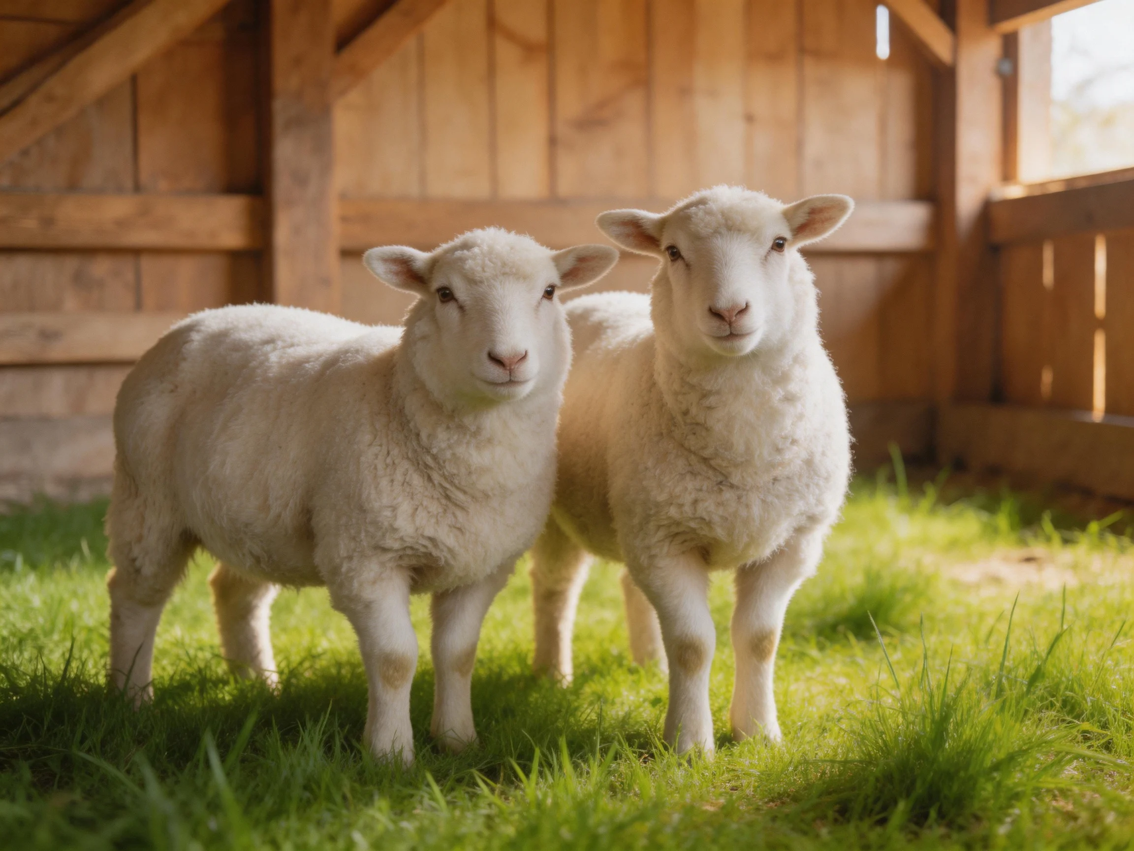 Two young sheep with thick white wool near a wooden barn
