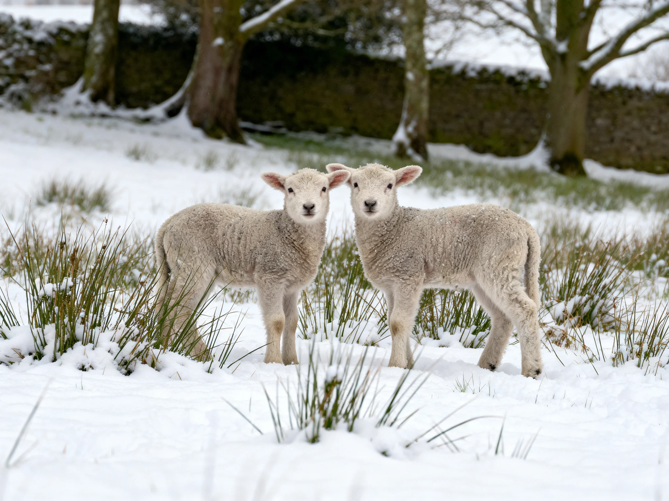 Two young sheep with white wool in a snowy field