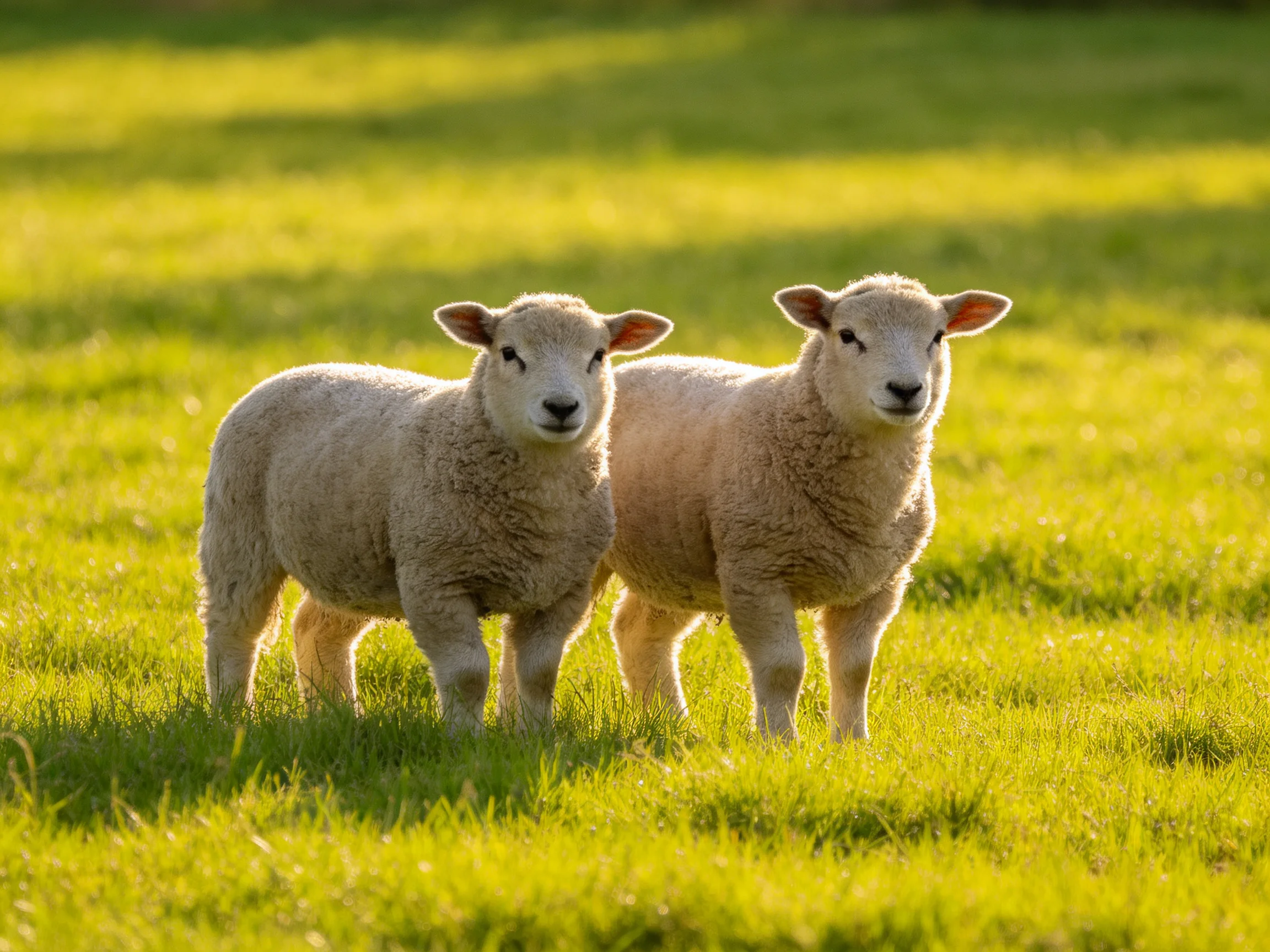 Two young sheep with white wool in a sunlit green field