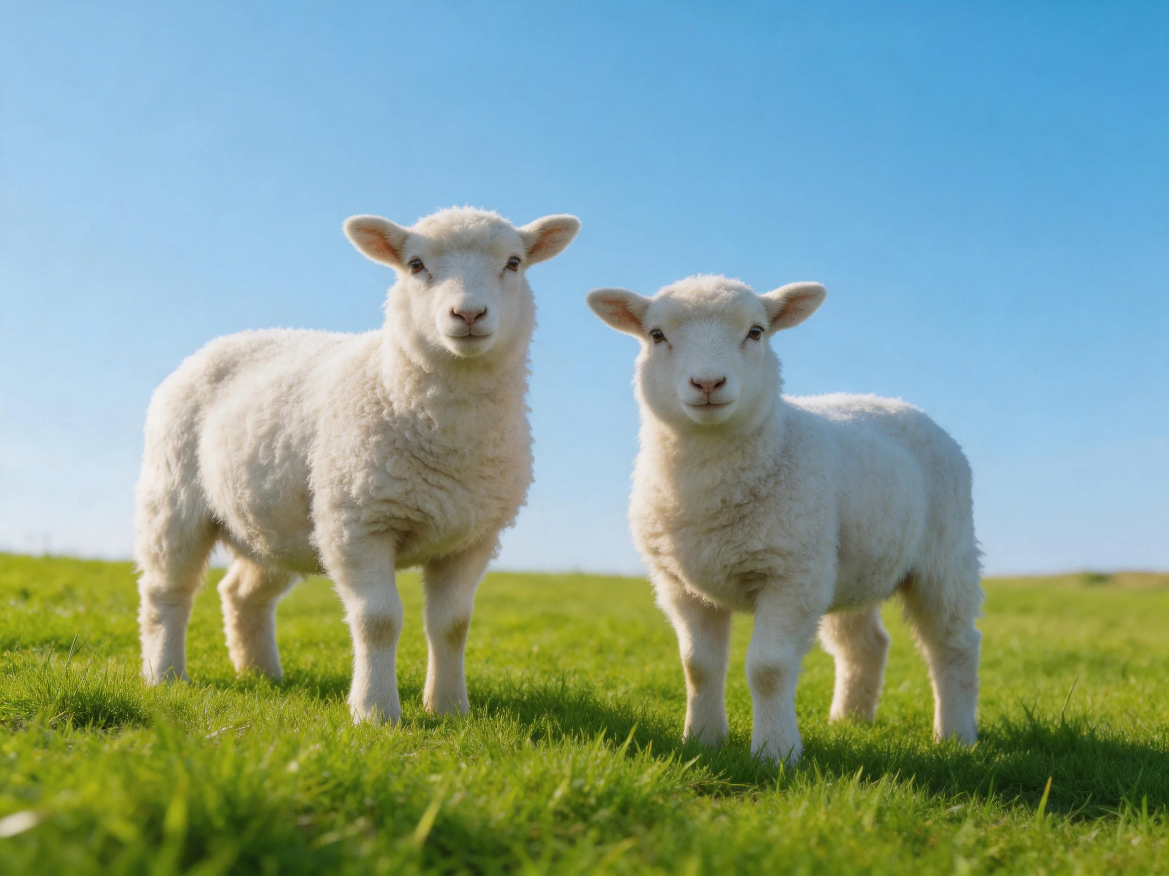Two young sheep with white wool on green pasture under blue sky