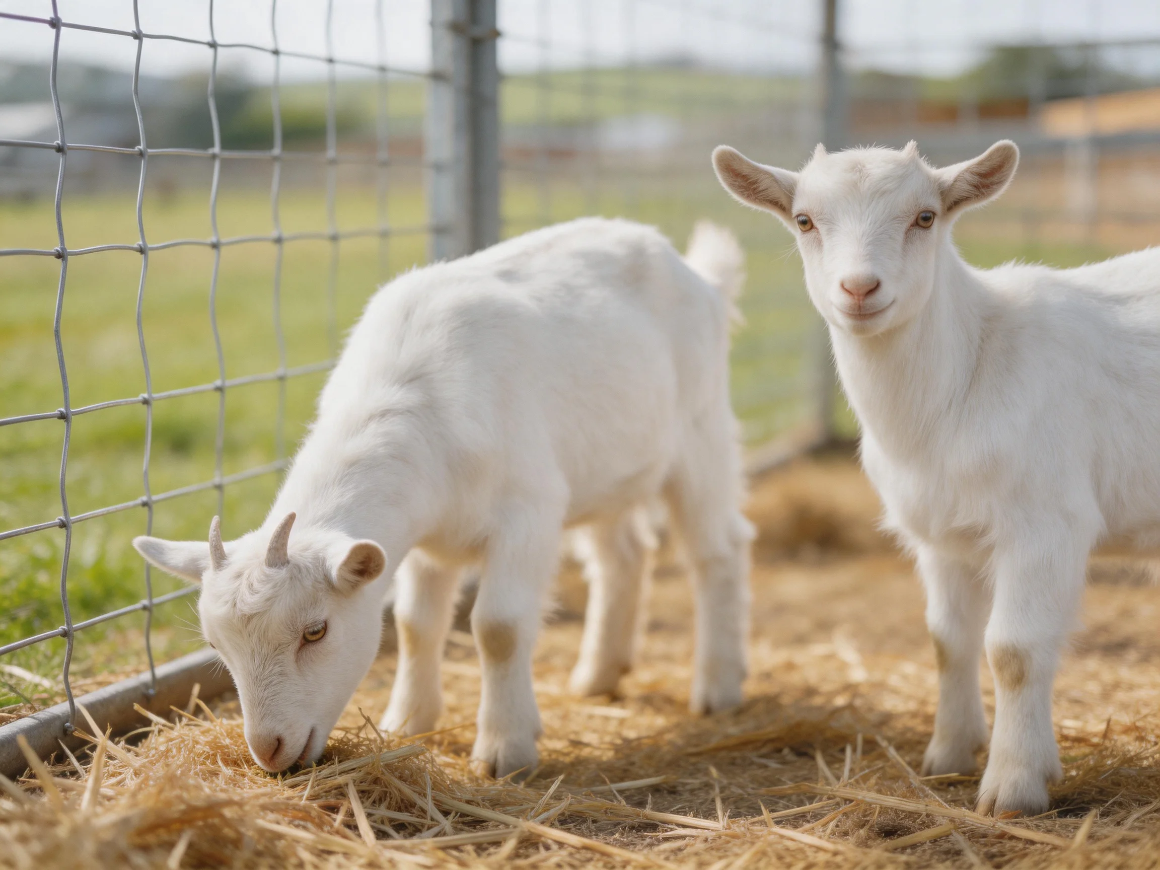 Two young white goats near a wire fence with straw bedding
