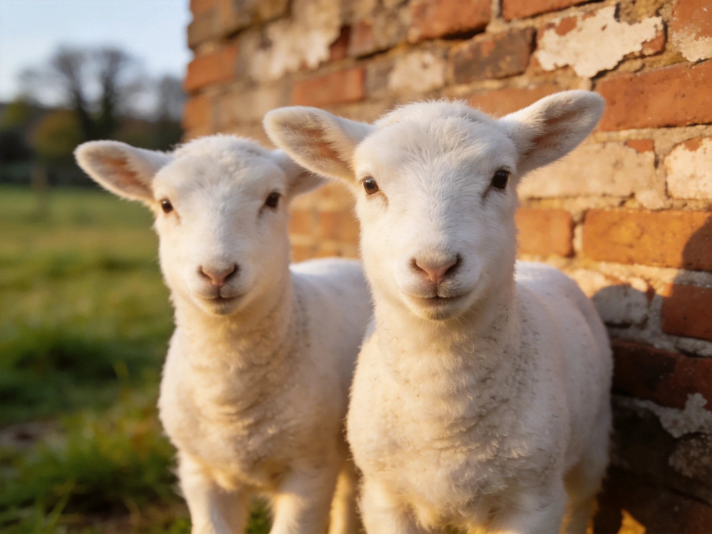 Two young white lambs beside a weathered brick wall
