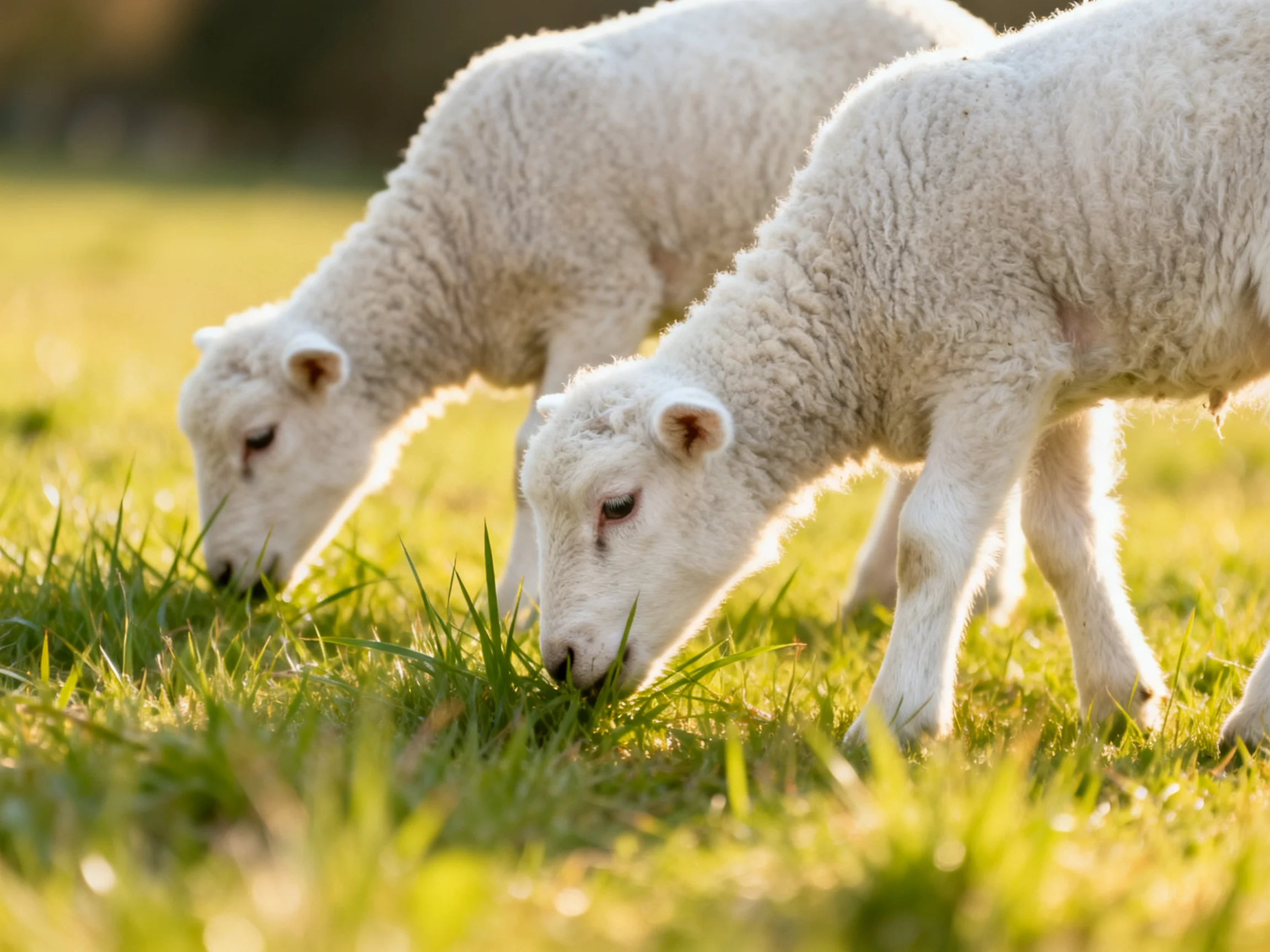 Two young white lambs graze peacefully in a sunlit grassy area.