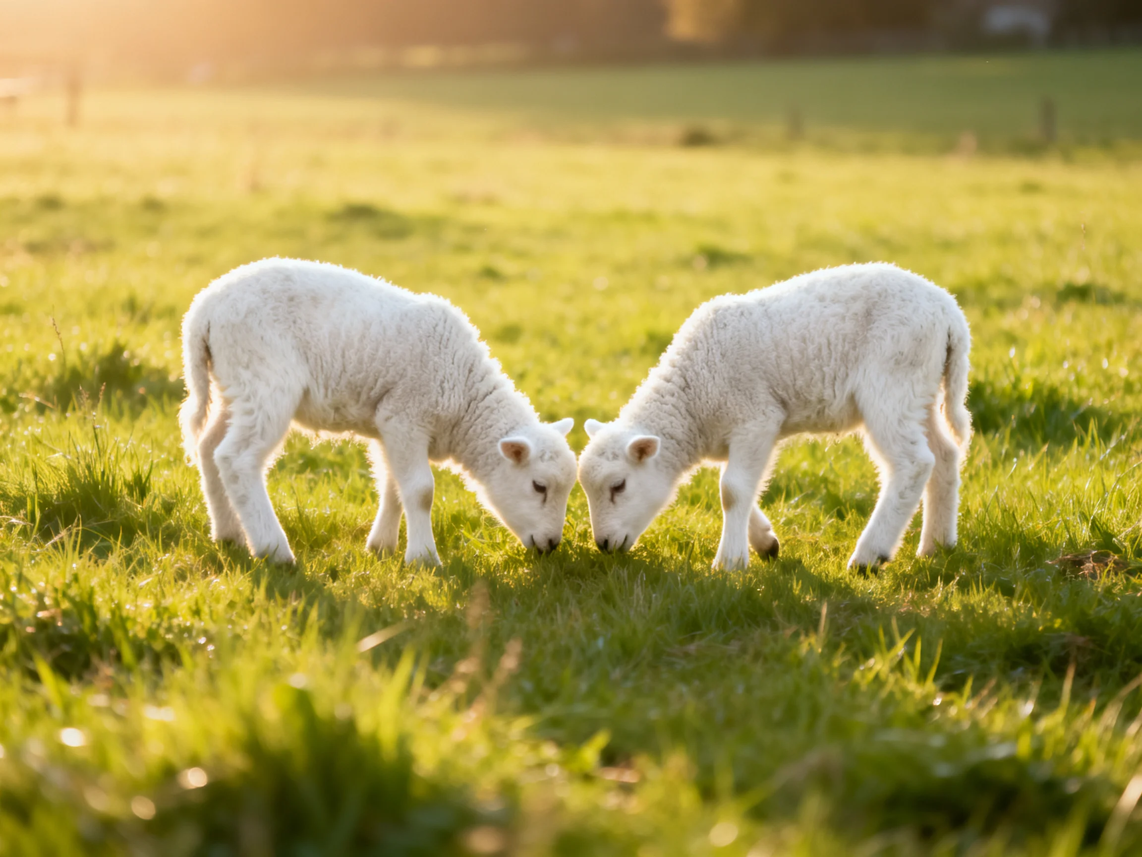 Two young white lambs grazing in a sunlit green pasture
