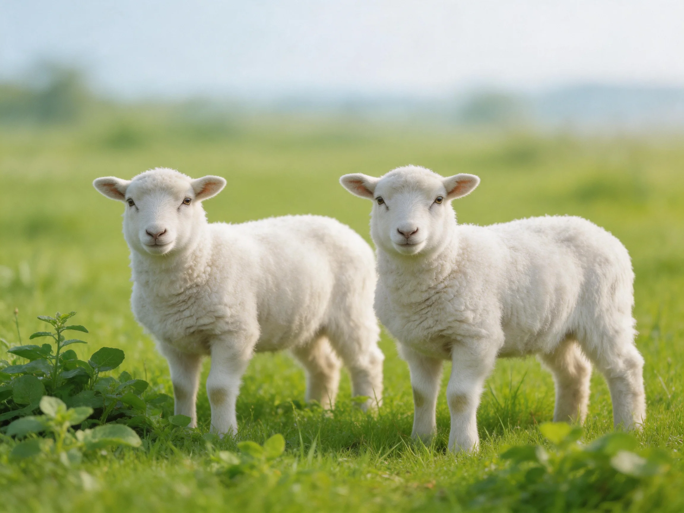 Two young white lambs in a sunlit green meadow