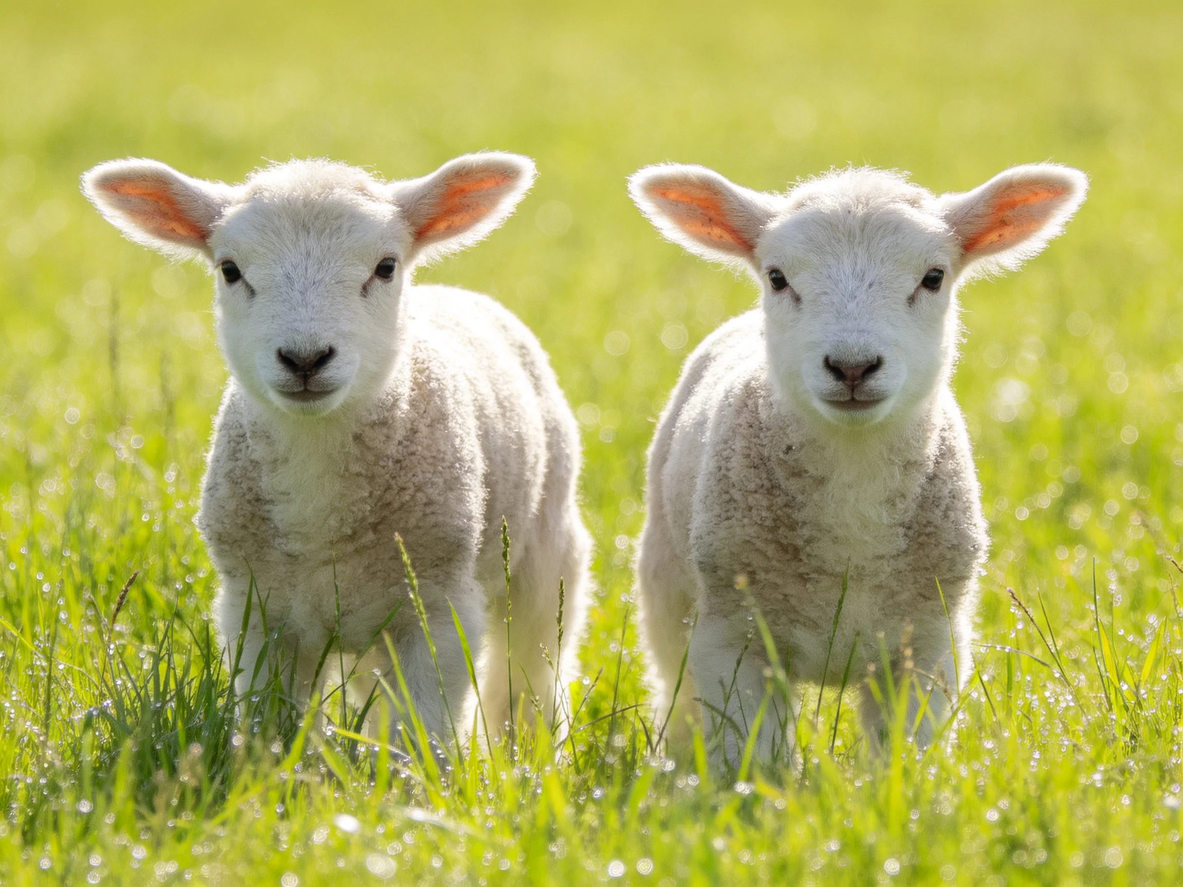 Two lambs stand side by side in a sunlit green field.