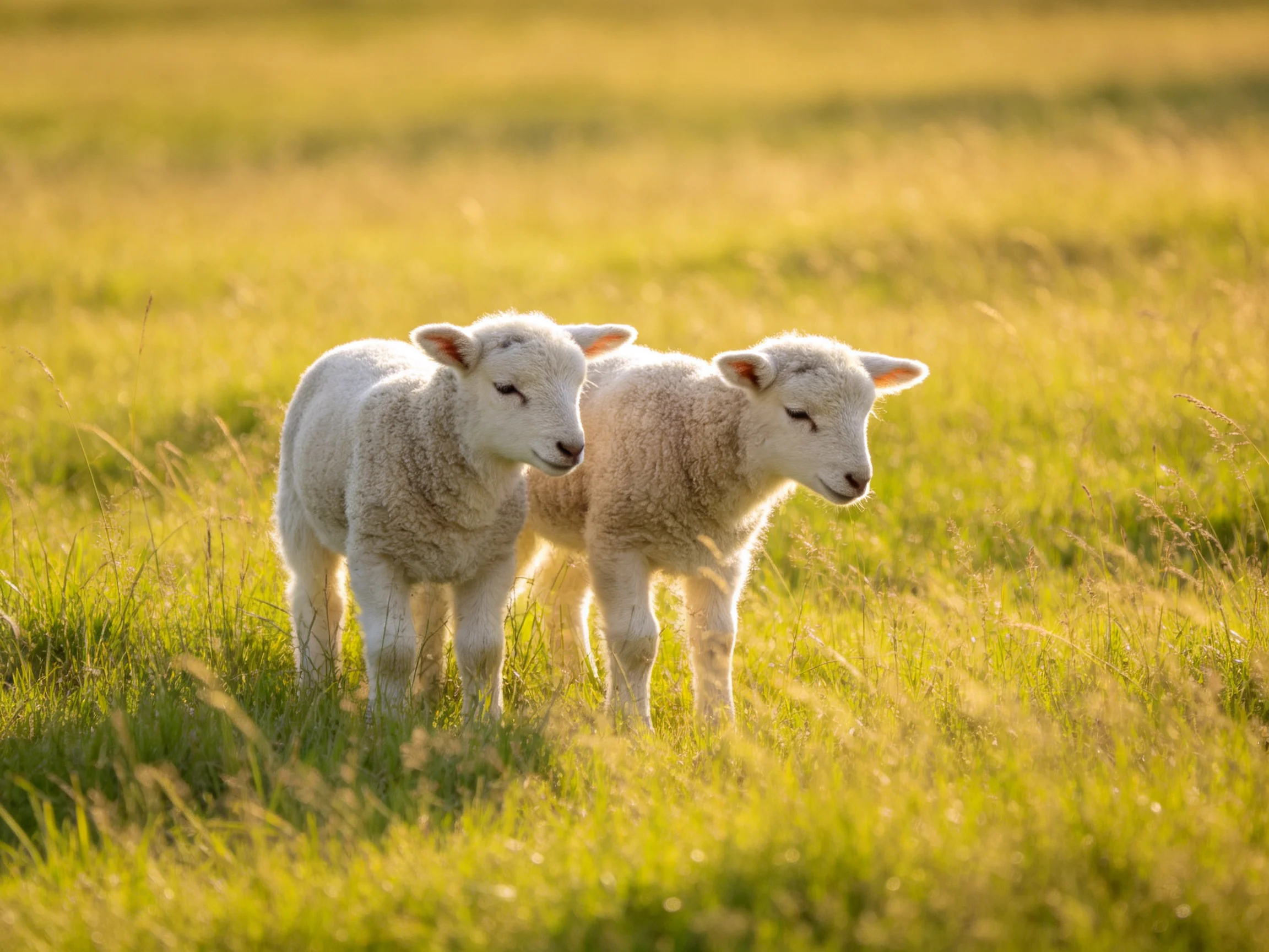 Two young white lambs in a sunlit green pasture