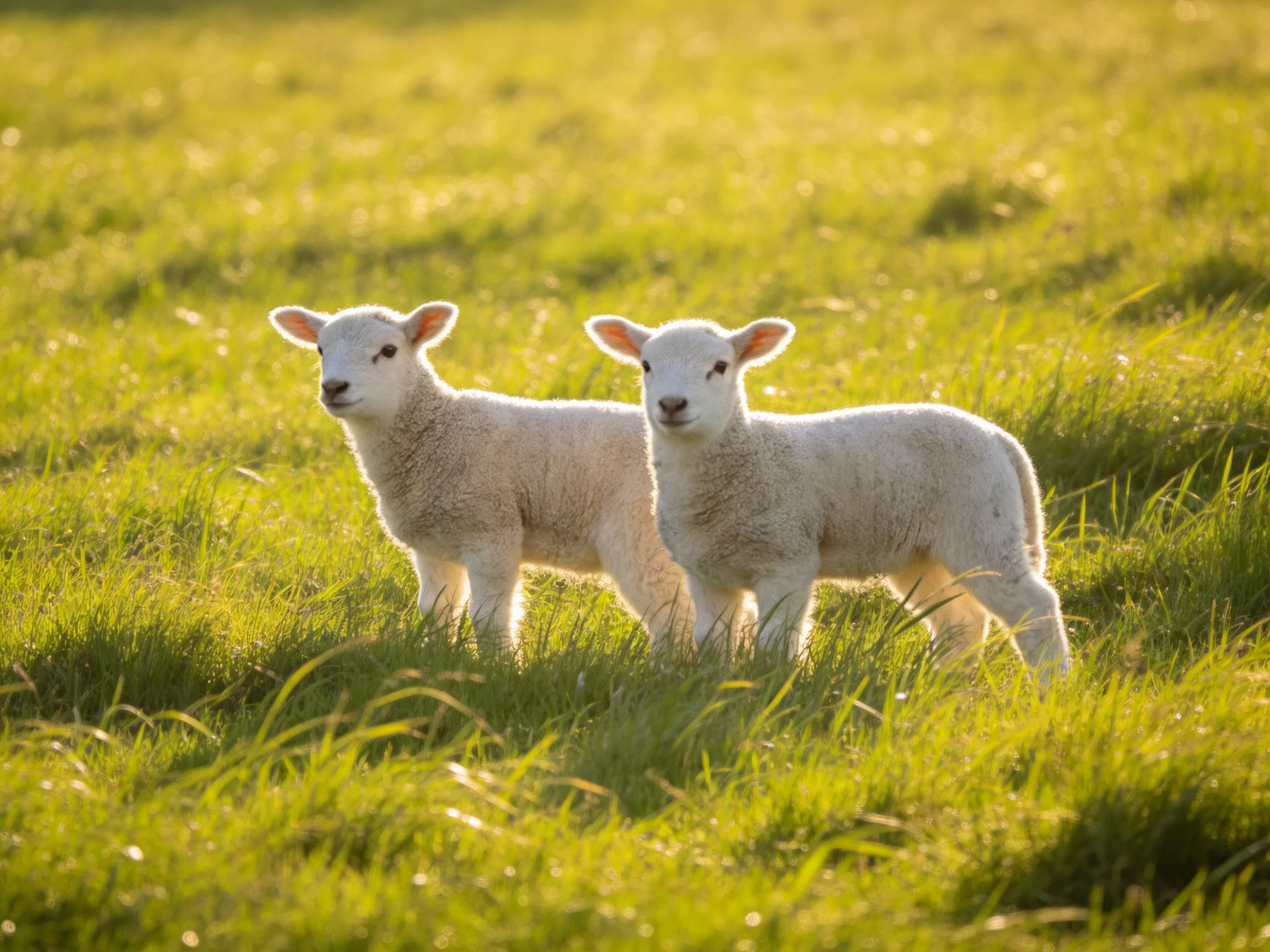 Two young white lambs in a sunlit green pasture