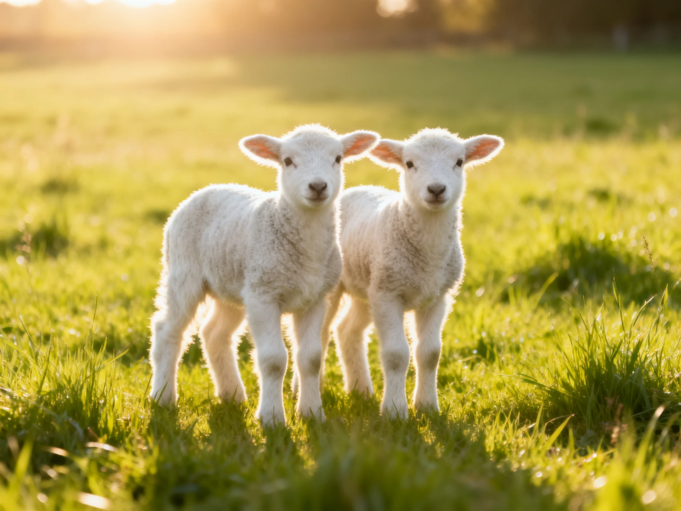 Two young white lambs in a sunlit green pasture.
